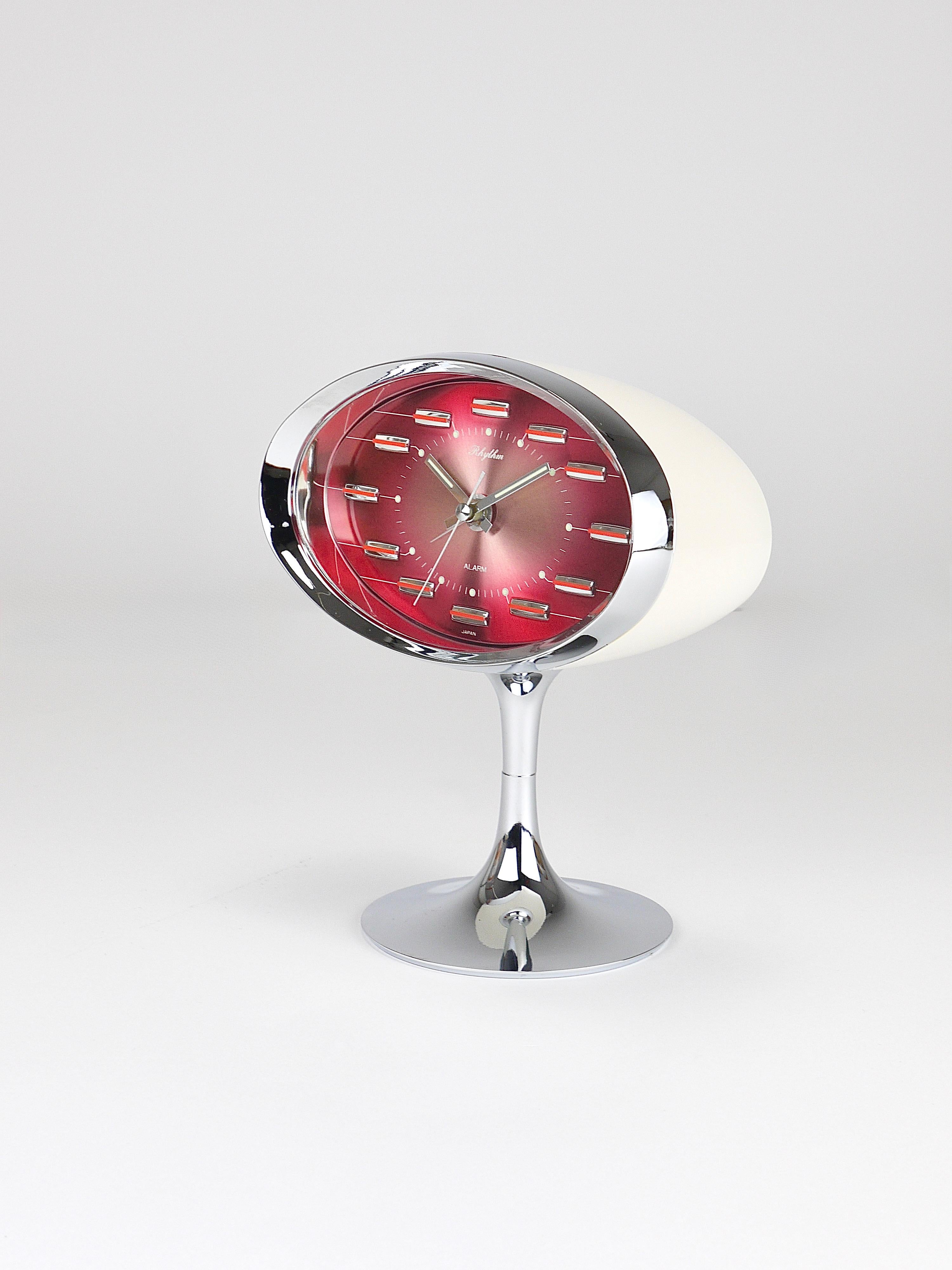 Pink & Chrome Space Age Table Desk Alarm Clock, Tulip Base, Rhythm Japan, 1970s For Sale 3