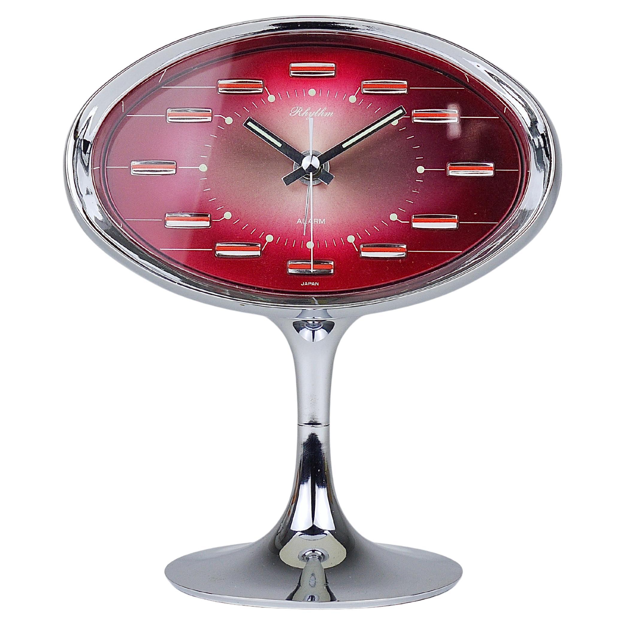 Sveglia da tavolo Space AGE rosa e cromata, base a tulipano, Rhythm Japan, anni 
70 in vendita