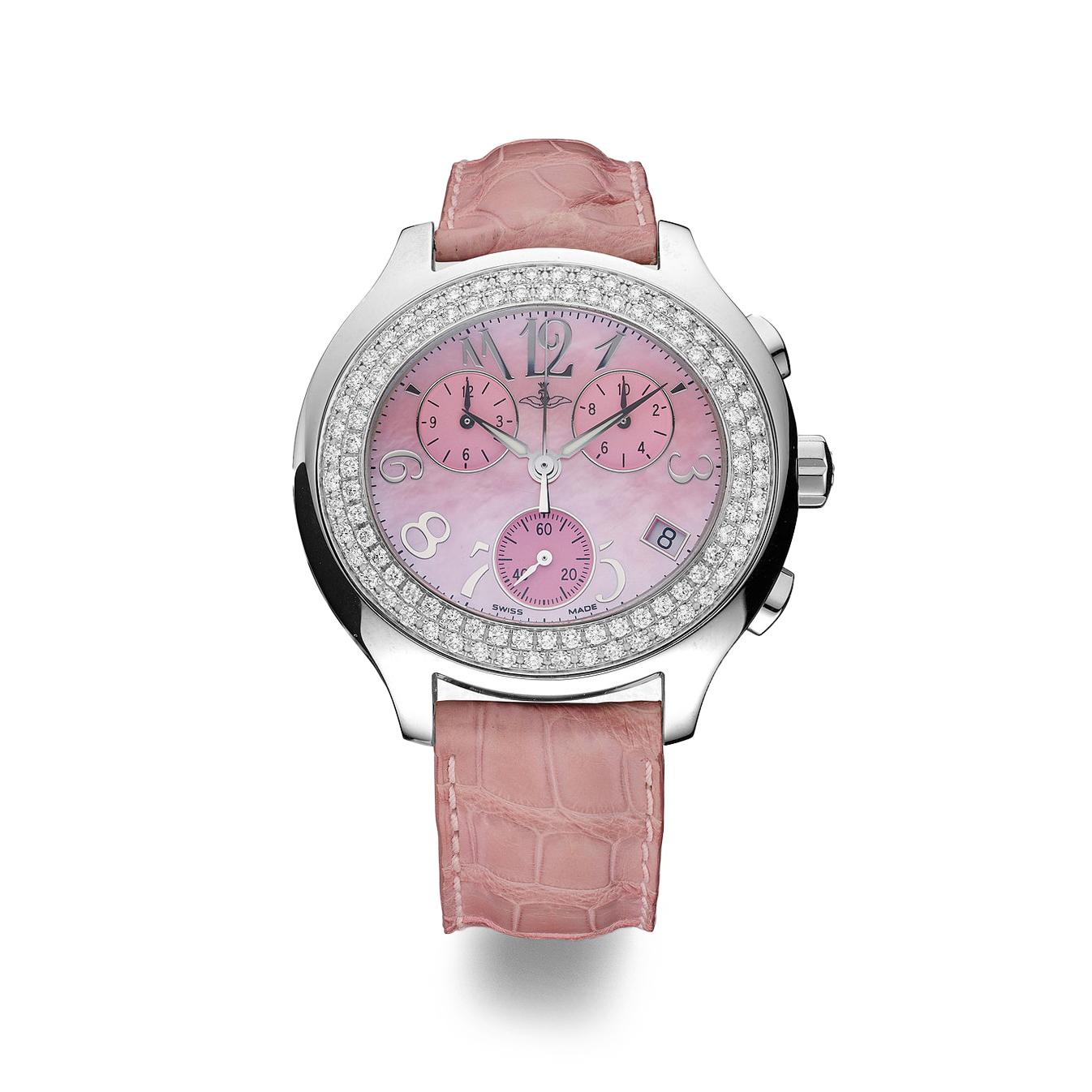 Chronograph watch in steel bezel set with 120 diamonds 1.70 cts pink mother of pearl dial, prong buckle alligator strap quartz movement.