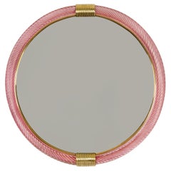 Pink Circular Murano Twisted Rope 'Firenze' Wall Mirror in the Style of Barovier