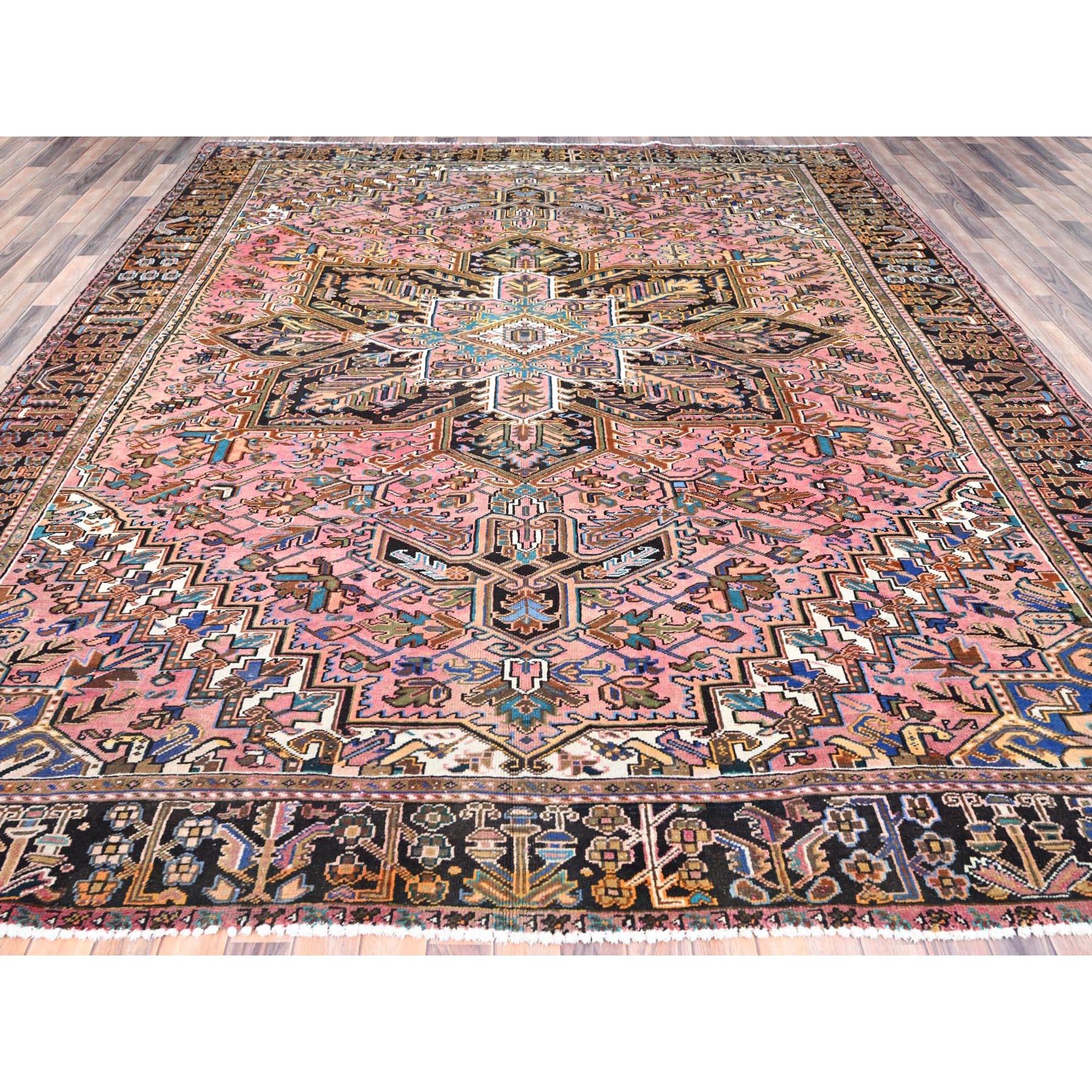 Hand-Knotted Pink Clean Hand Knotted Wool Vintage Persian Heriz Rustic Look Worn Down Rug For Sale