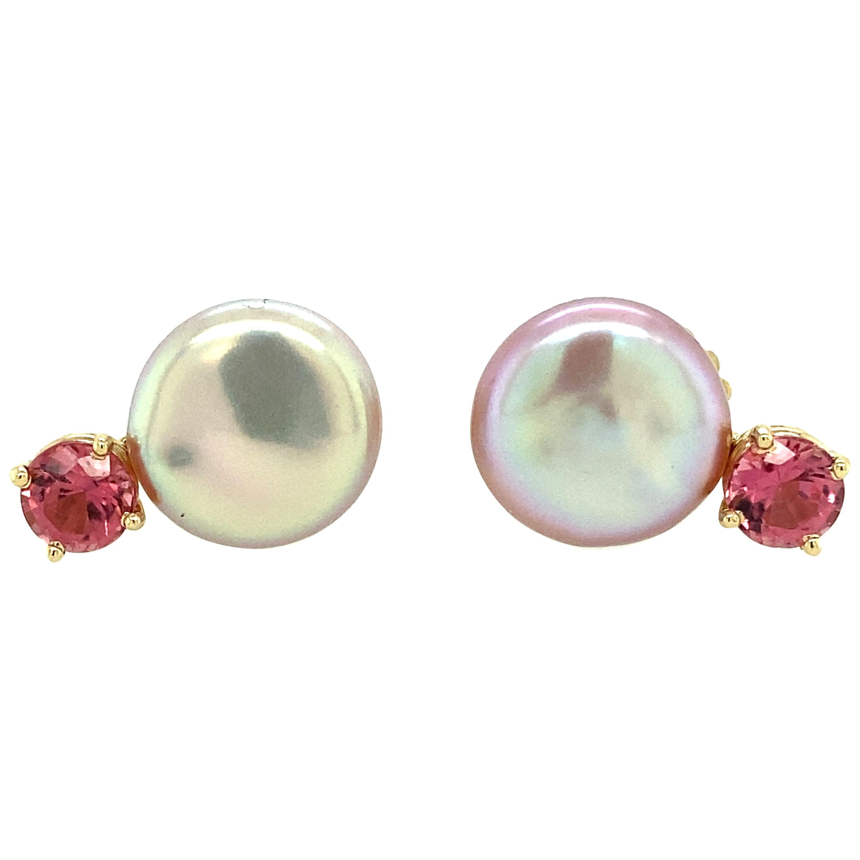 Pink Coin Freshwater Pearl and Pink Tourmaline Drop Earrings