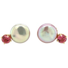 Pink Coin Freshwater Pearl and Pink Tourmaline Drop Earrings