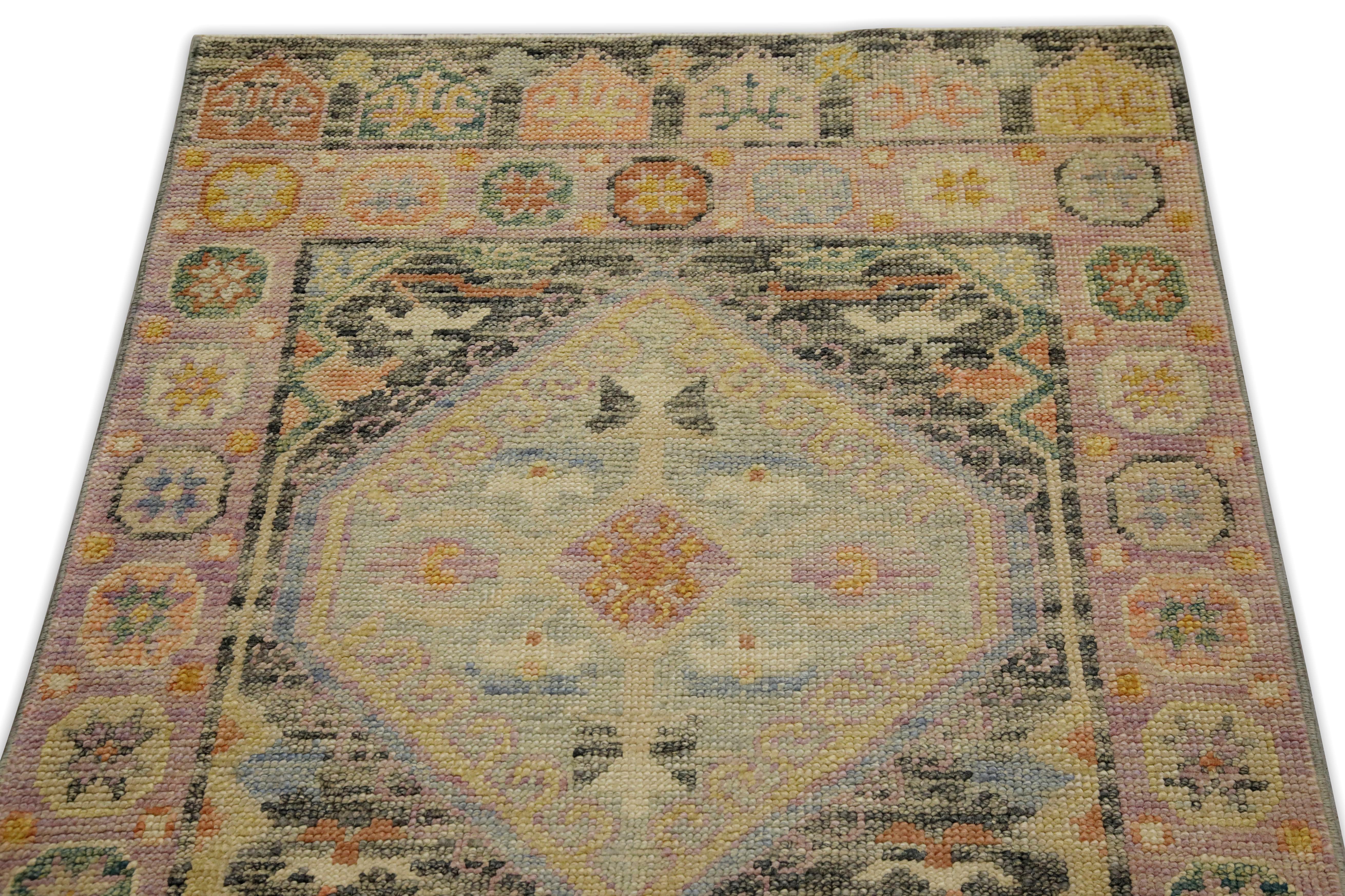 Pink Coloful Geometric Design Handwoven Wool Turkish Oushak Runner In New Condition For Sale In Houston, TX