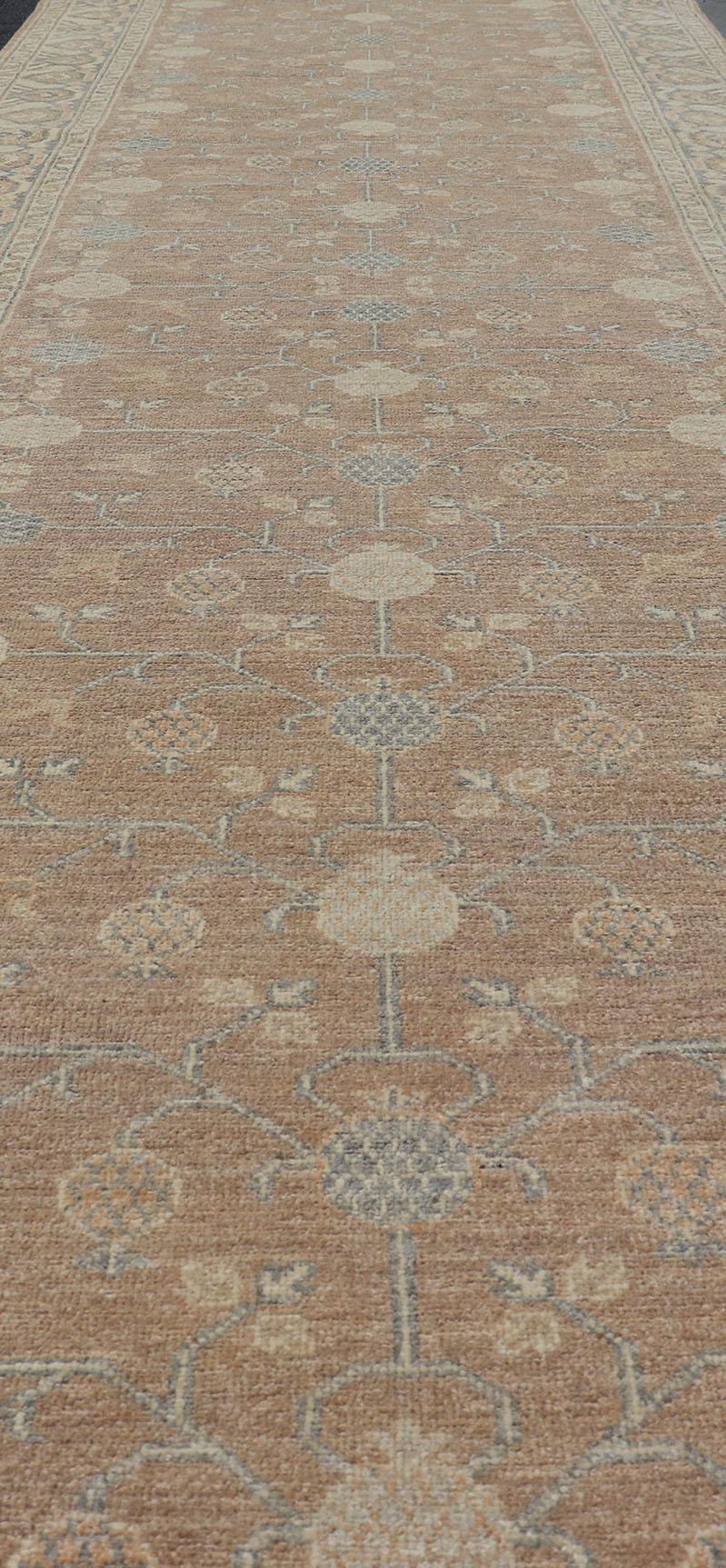 Contemporary Pink Color Gallery Khotan Runner with Pomegranate Design in Light Tones For Sale