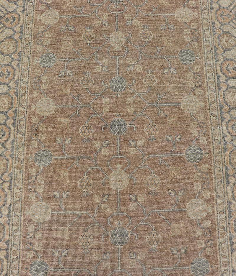 Wool Pink Color Gallery Khotan Runner with Pomegranate Design in Light Tones For Sale