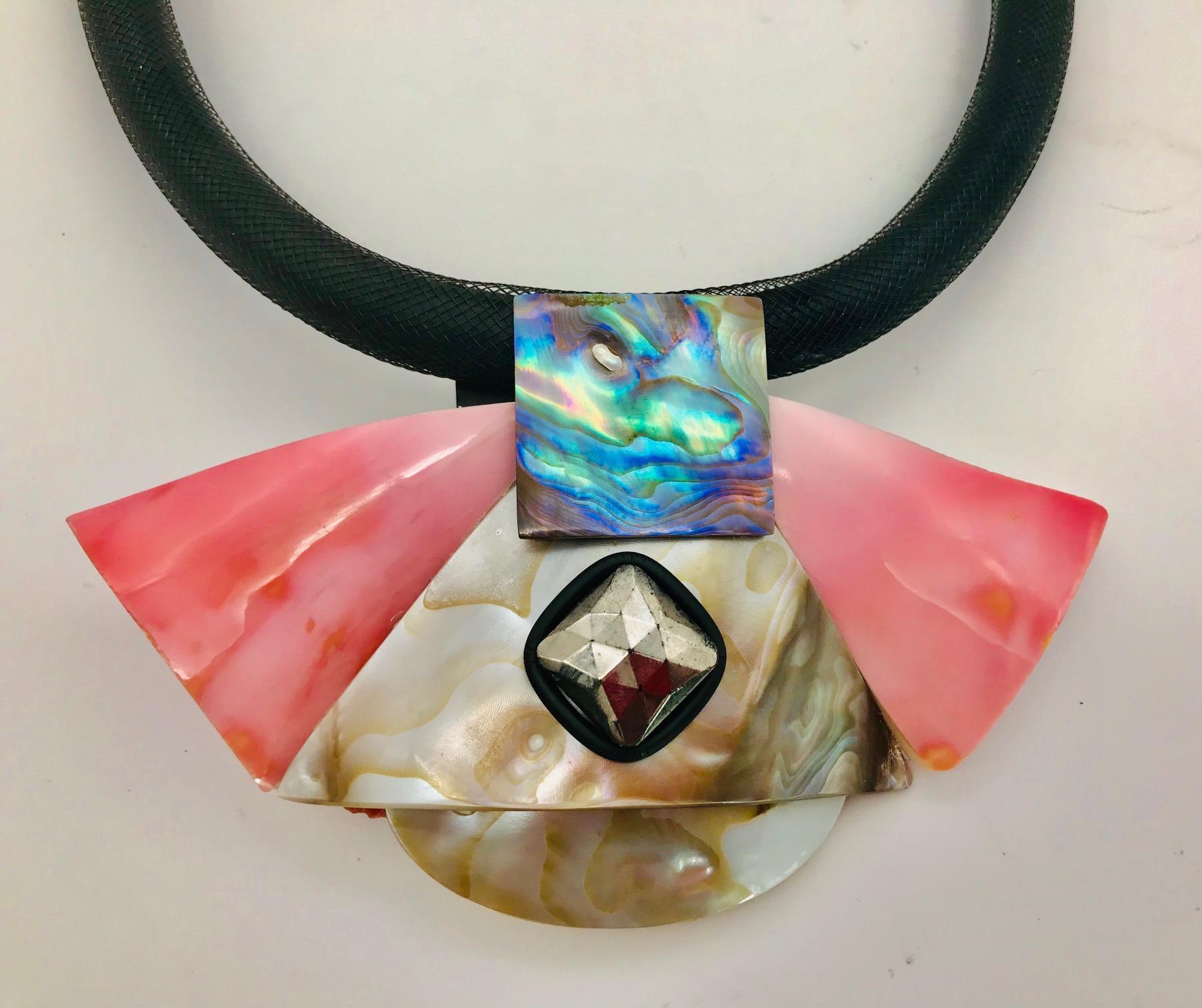 Contemporary Pink Conch and Extinct Iridescent Camberlainia  Pendant, by Sylvia Gottwald For Sale