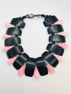 Sylvia Gottwald ;Pink Conch & Black Resin , Beaded Necklace , Eco -Luxe
