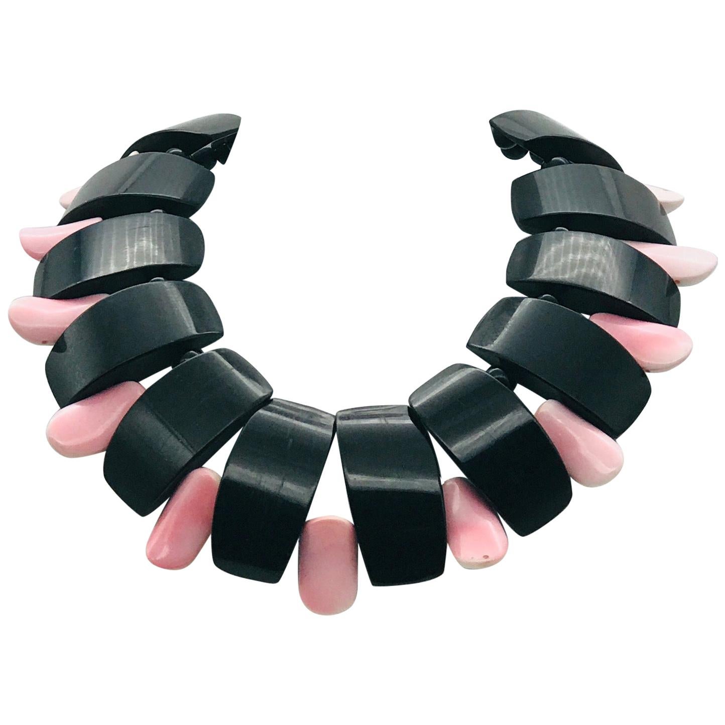 Sylvia Gottwald ;Pink Conch & Black Resin , Beaded Necklace , Eco -Luxe For Sale