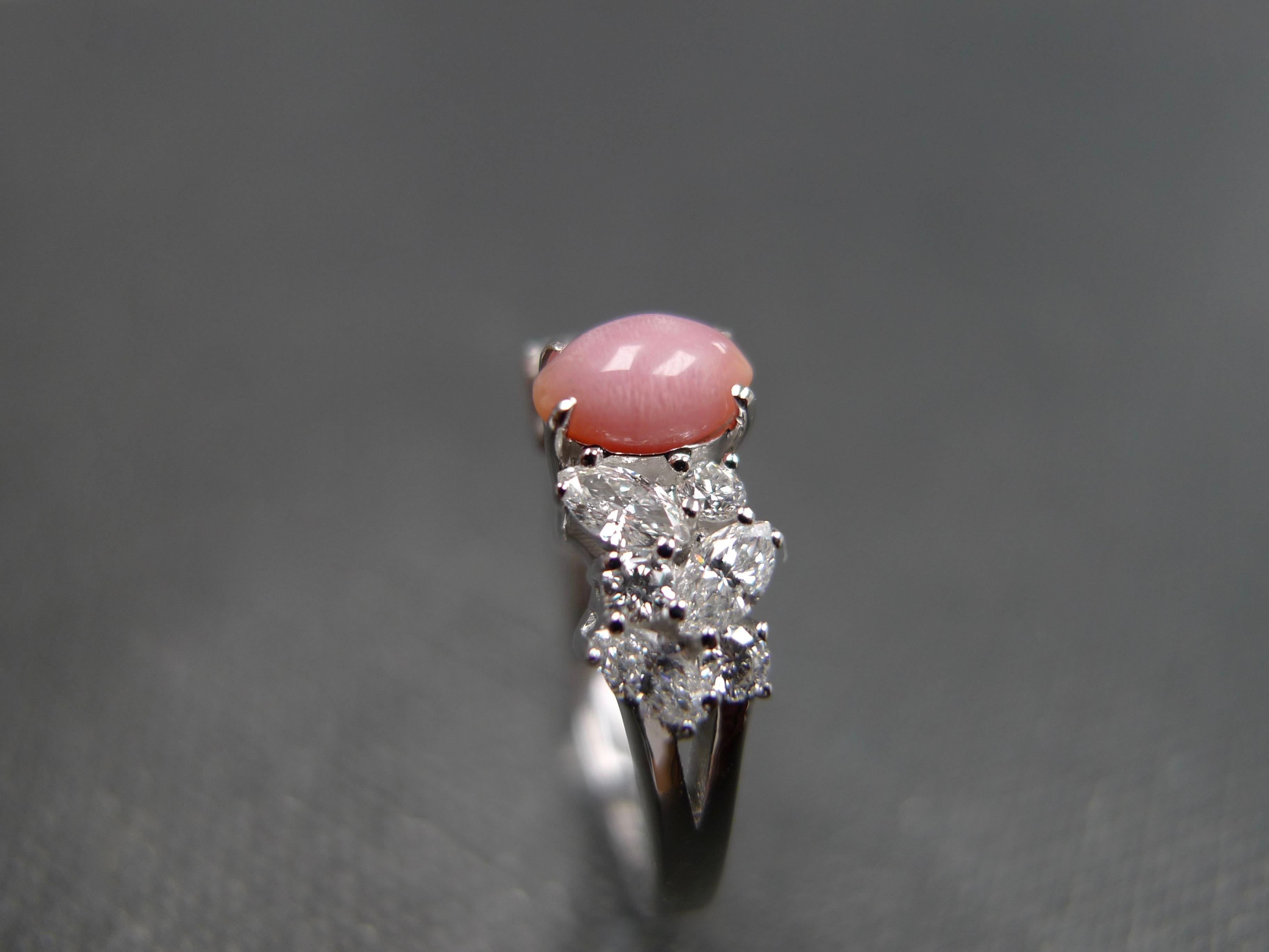 For Sale:  Pink Conch Pearl and Marquise Diamond and Round Diamond Engagement Ring 10