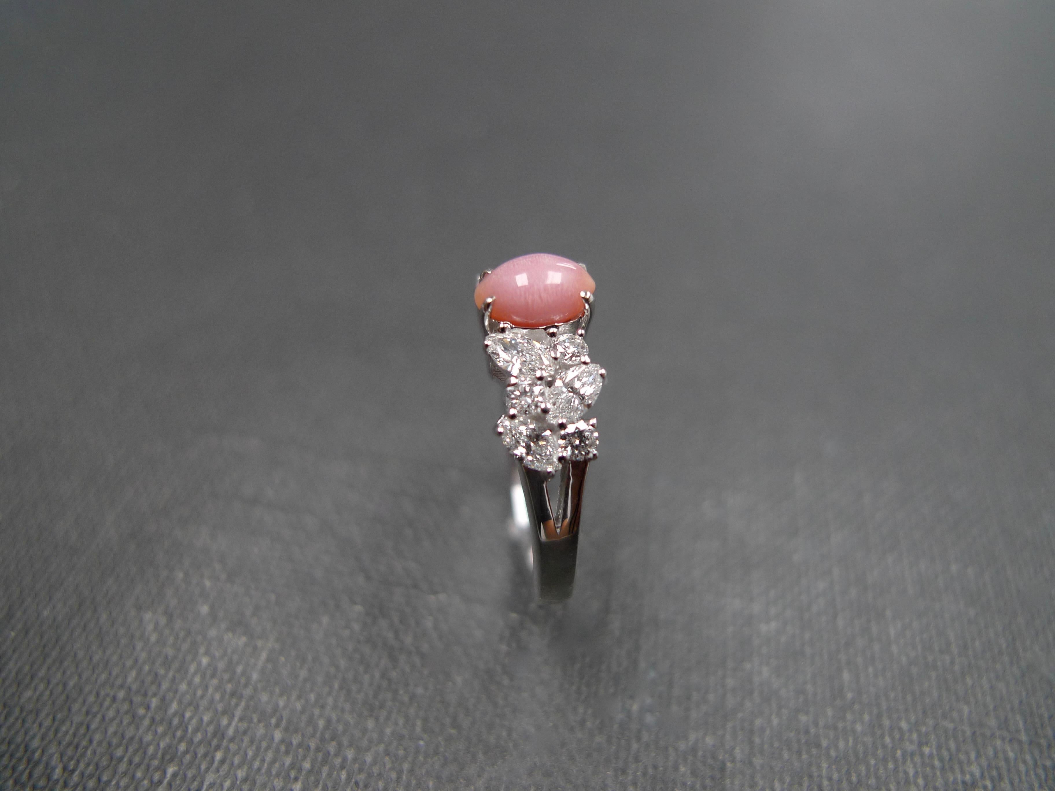 For Sale:  Pink Conch Pearl and Marquise Diamond and Round Diamond Engagement Ring 8