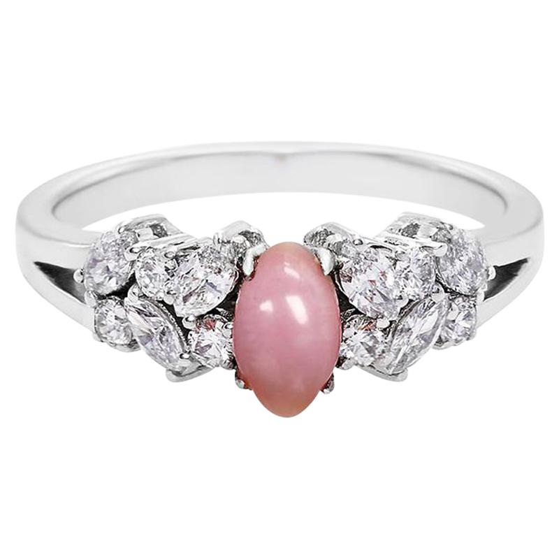 Pink Conch Pearl and Marquise Diamond and Round Diamond Engagement Ring