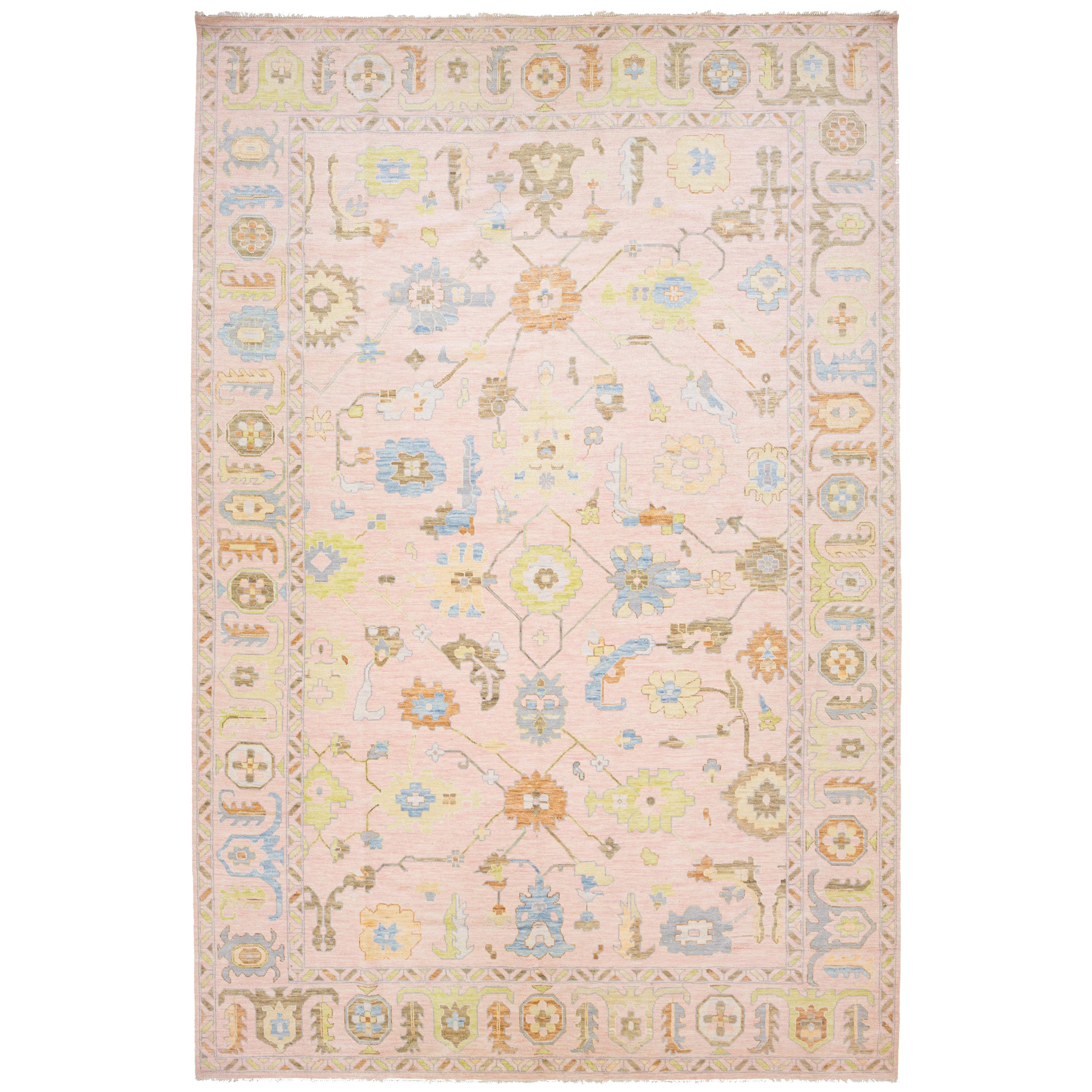 Tapis contemporain en laine de style Oushak, rose, fait à la main, avec un design floral