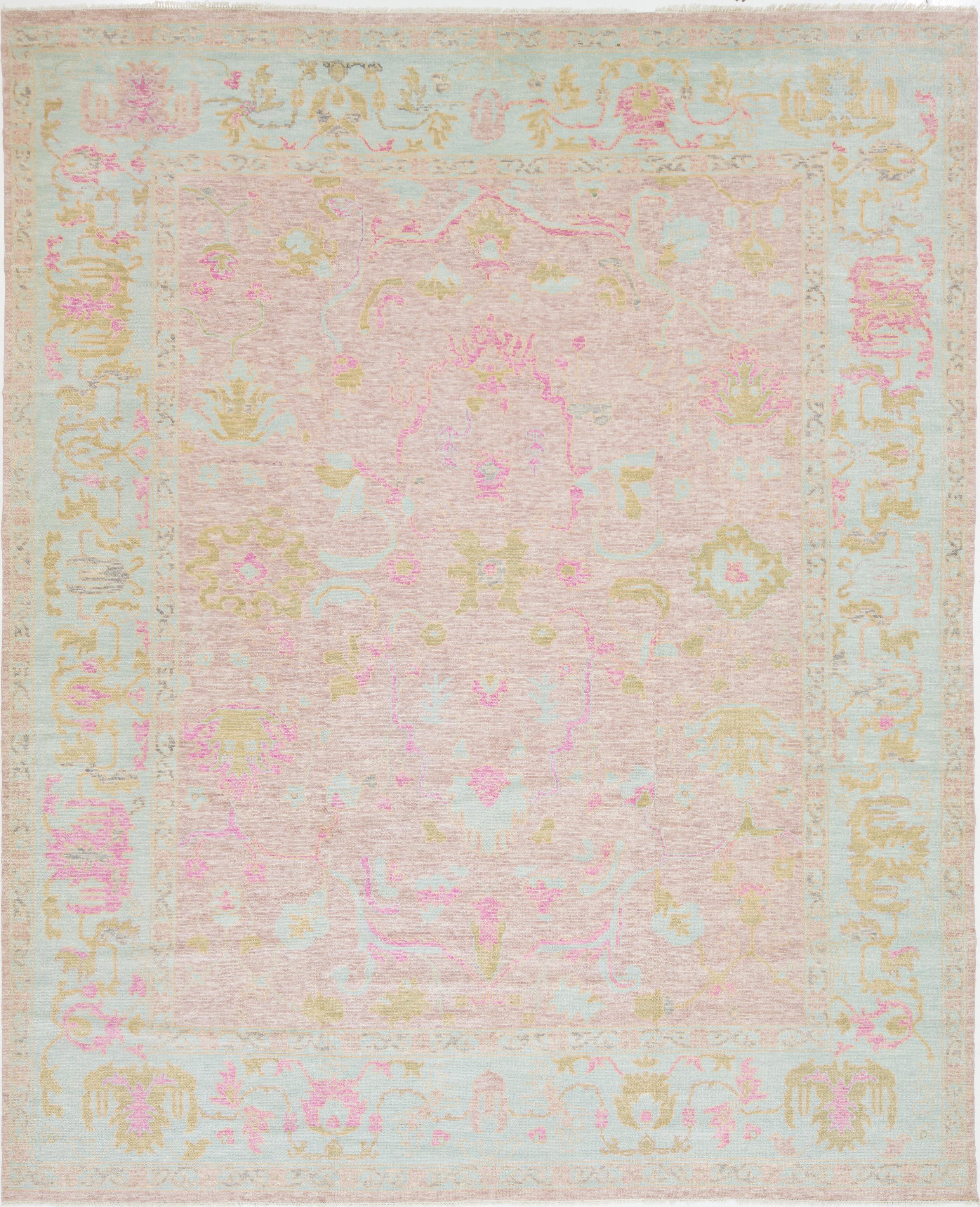 Rosa Zeitgenössischer Wollteppich im Oushak-Stil, handgefertigt mit floralem Design im Angebot 5