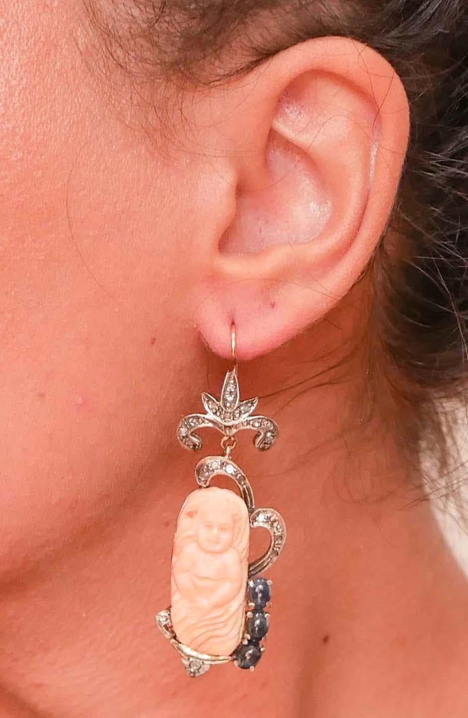 Pink Cora, Sapphires, Diamonds, 14 Karat Rose Gold and Silver Earrings. In Good Condition In Marcianise, Marcianise (CE)