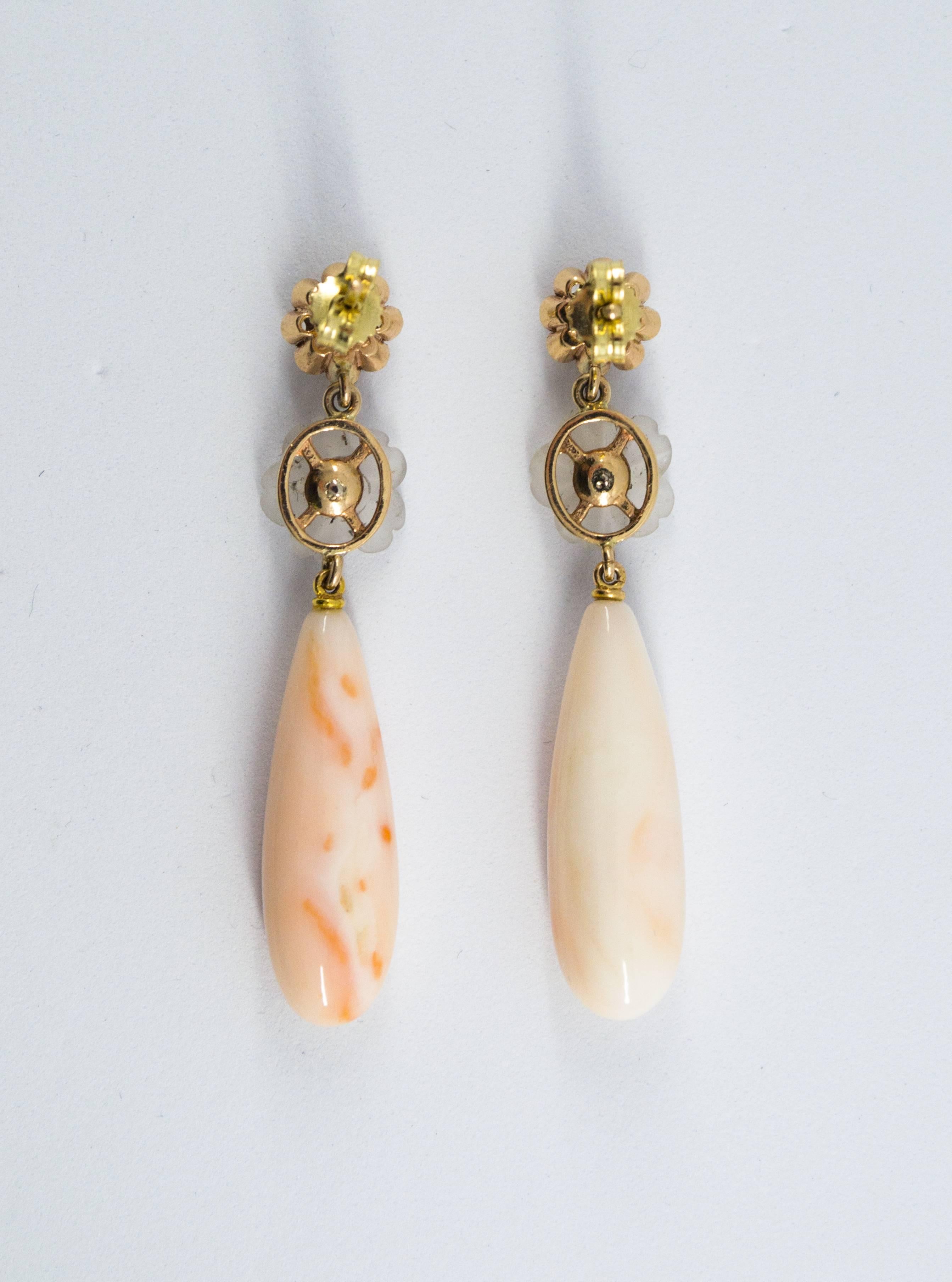 Women's or Men's Pink Coral 0.30 Carat Emerald Rock Crystal Diamond Yellow Gold Stud Earrings