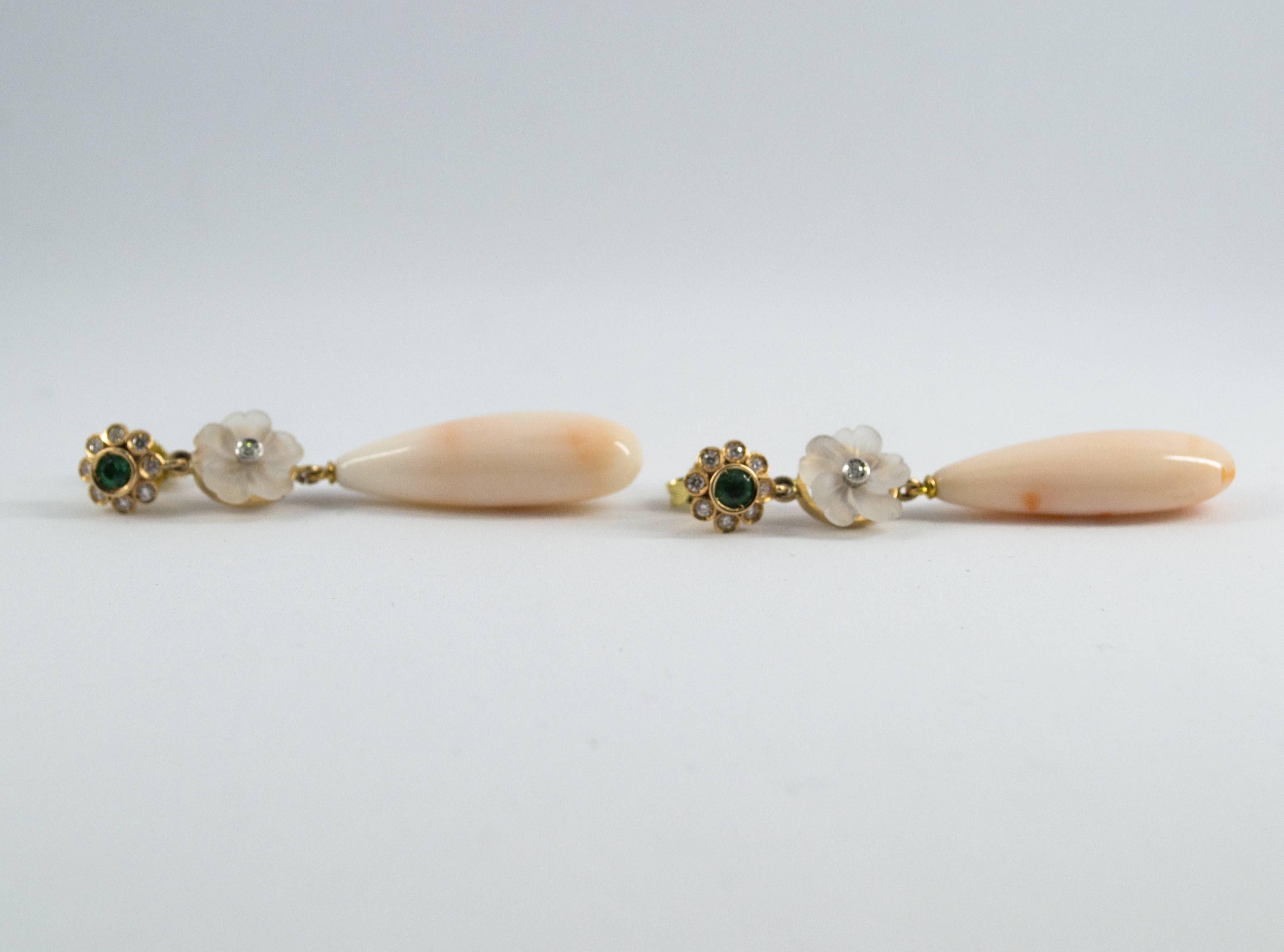 Pink Coral 0.30 Carat Emerald Rock Crystal Diamond Yellow Gold Stud Earrings 1