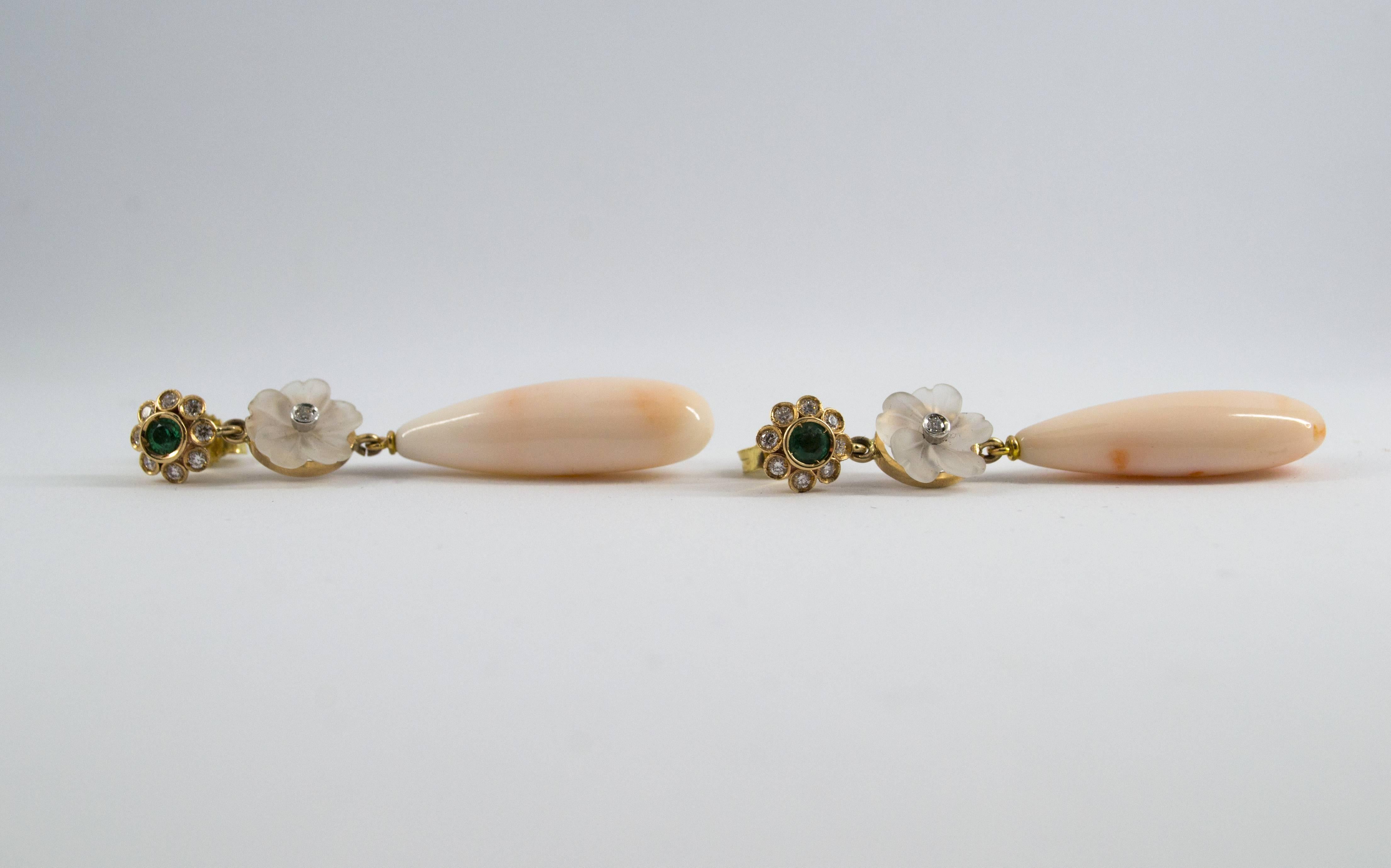 Pink Coral 0.30 Carat Emerald Rock Crystal Diamond Yellow Gold Stud Earrings 2