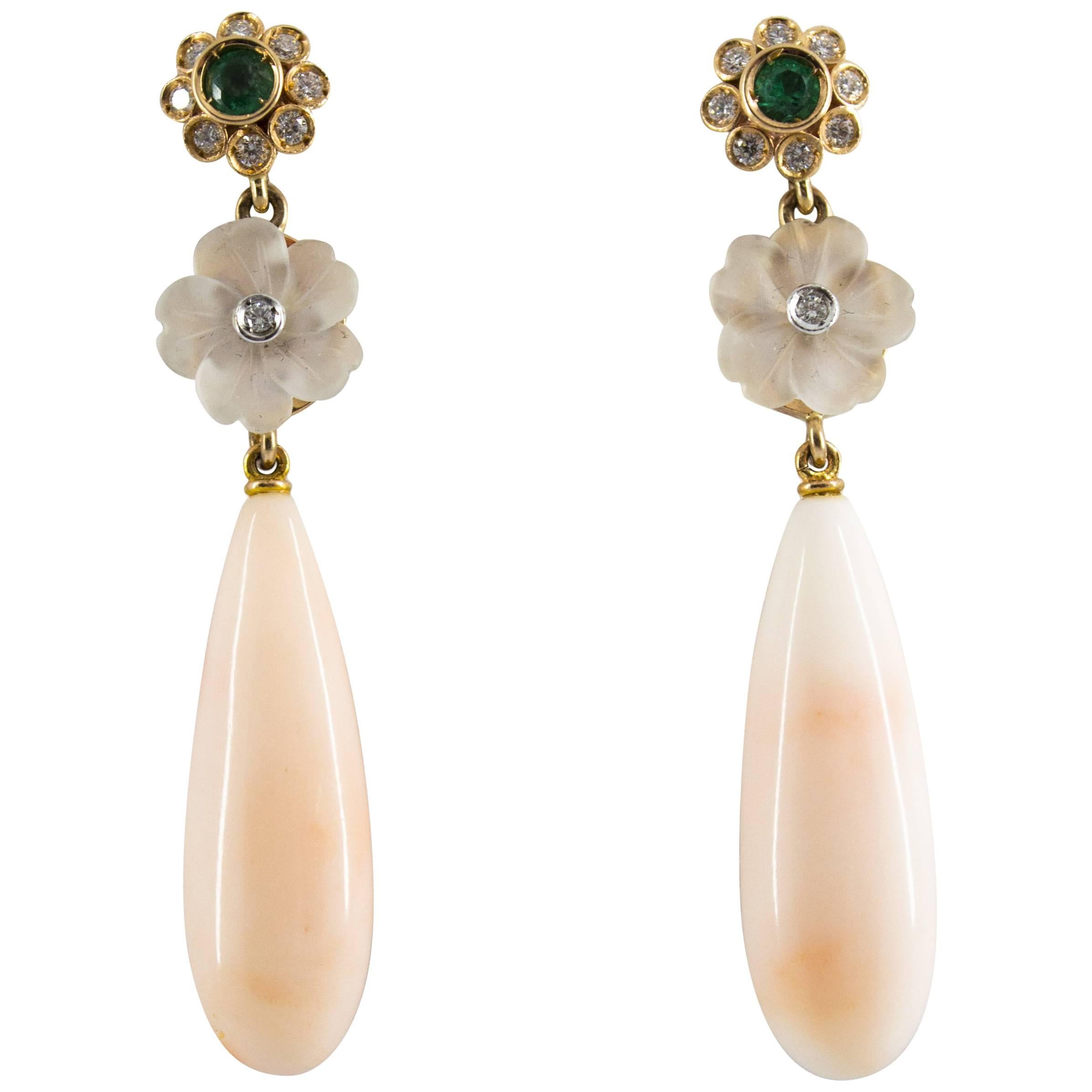 Pink Coral 0.30 Carat Emerald Rock Crystal Diamond Yellow Gold Stud Earrings