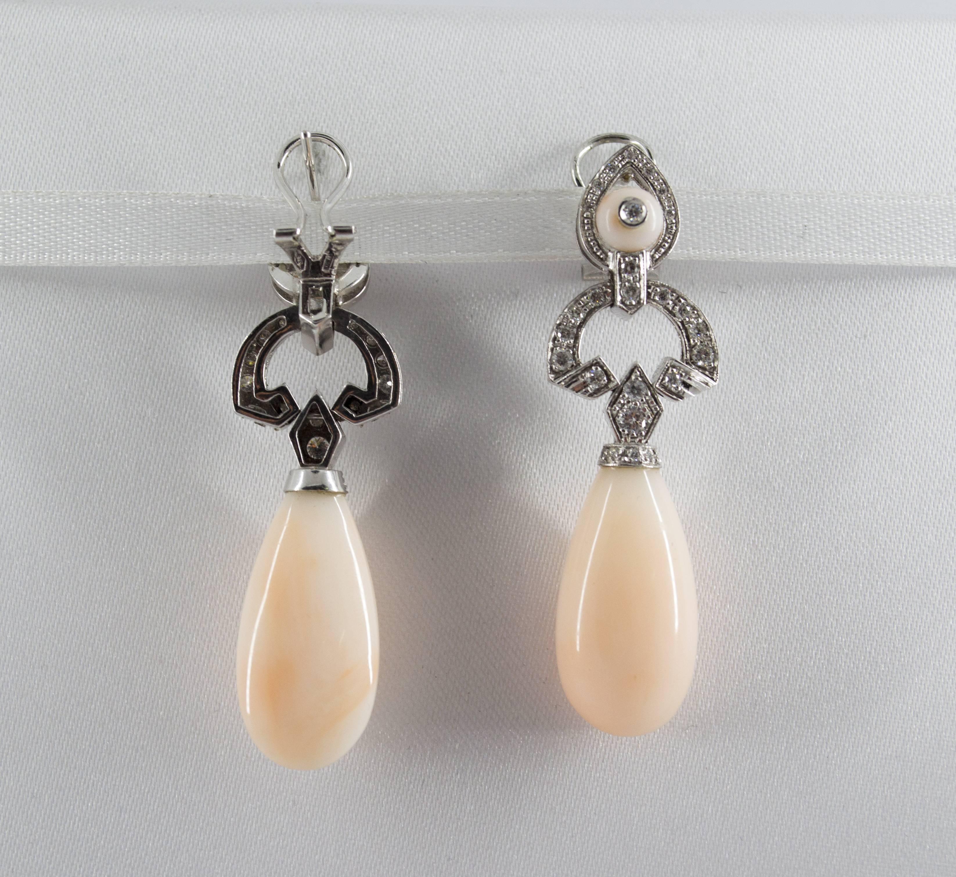Renaissance Pink Coral 0.90 Carat White Diamond White Gold Drop Clip-On Earrings 6