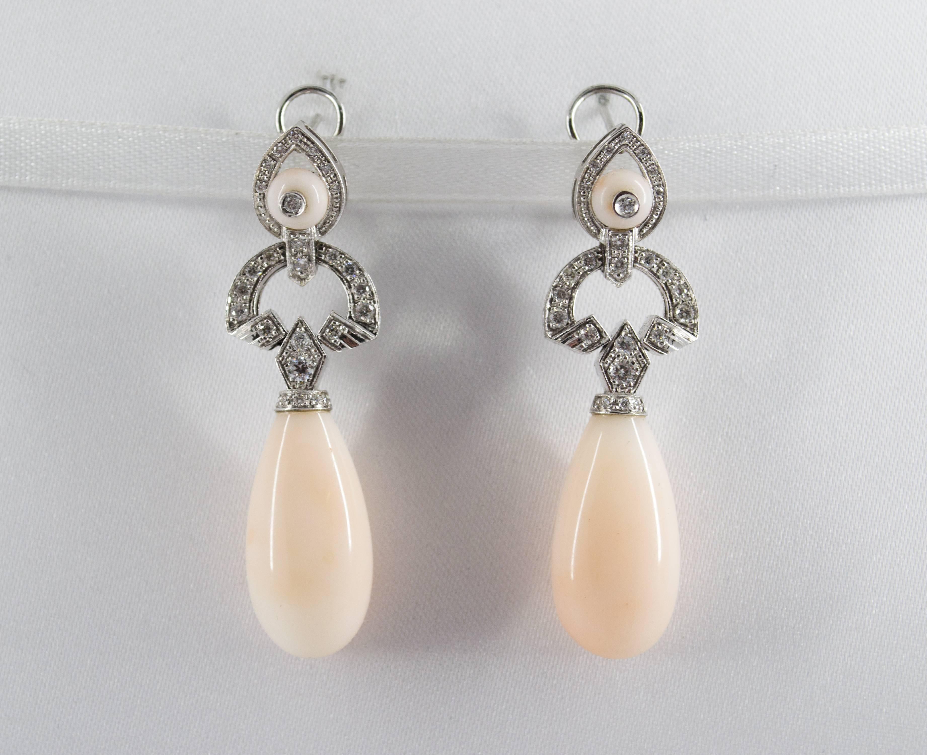 Renaissance Pink Coral 0.90 Carat White Diamond White Gold Drop Clip-On Earrings In New Condition In Naples, IT