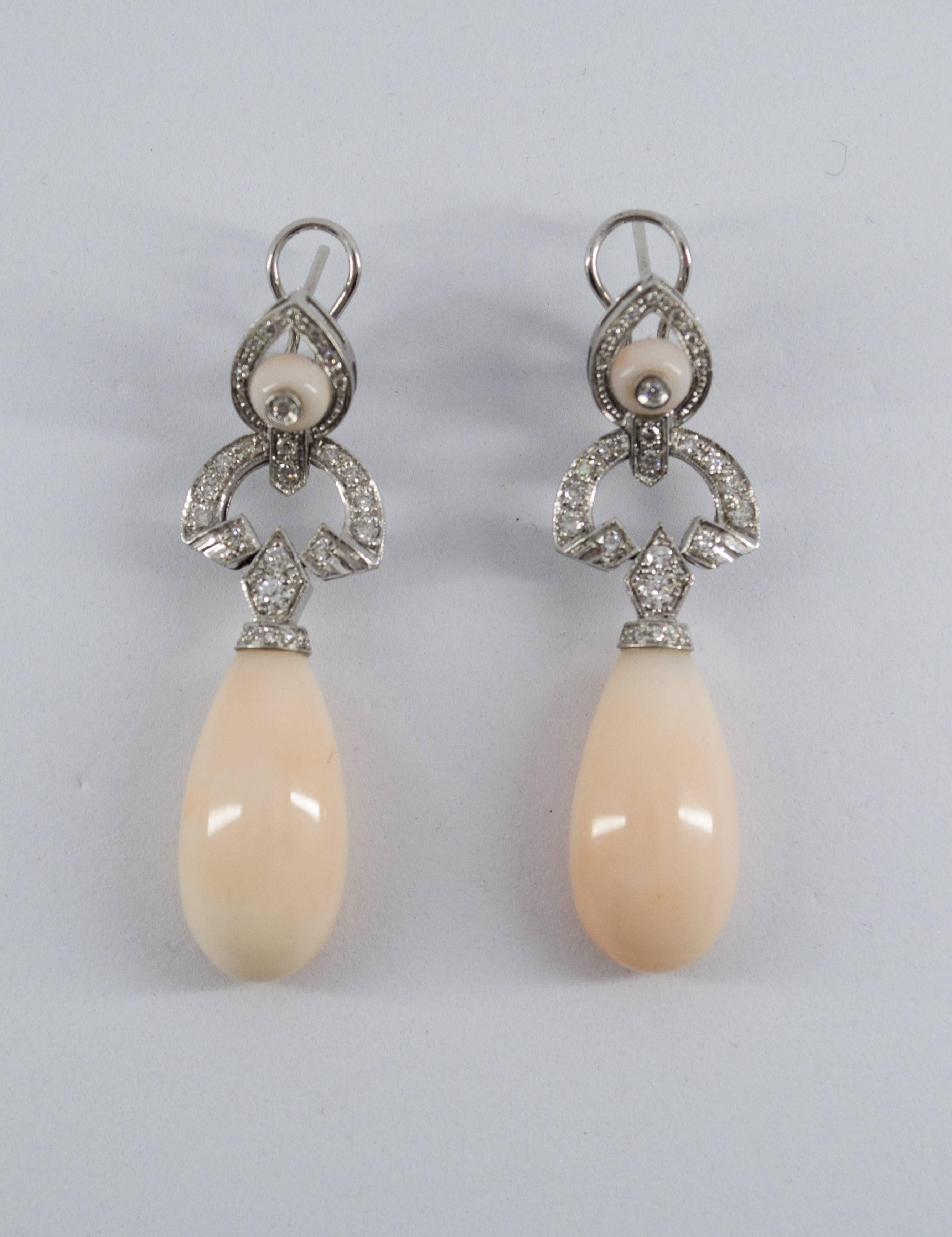Renaissance Pink Coral 0.90 Carat White Diamond White Gold Drop Clip-On Earrings 3