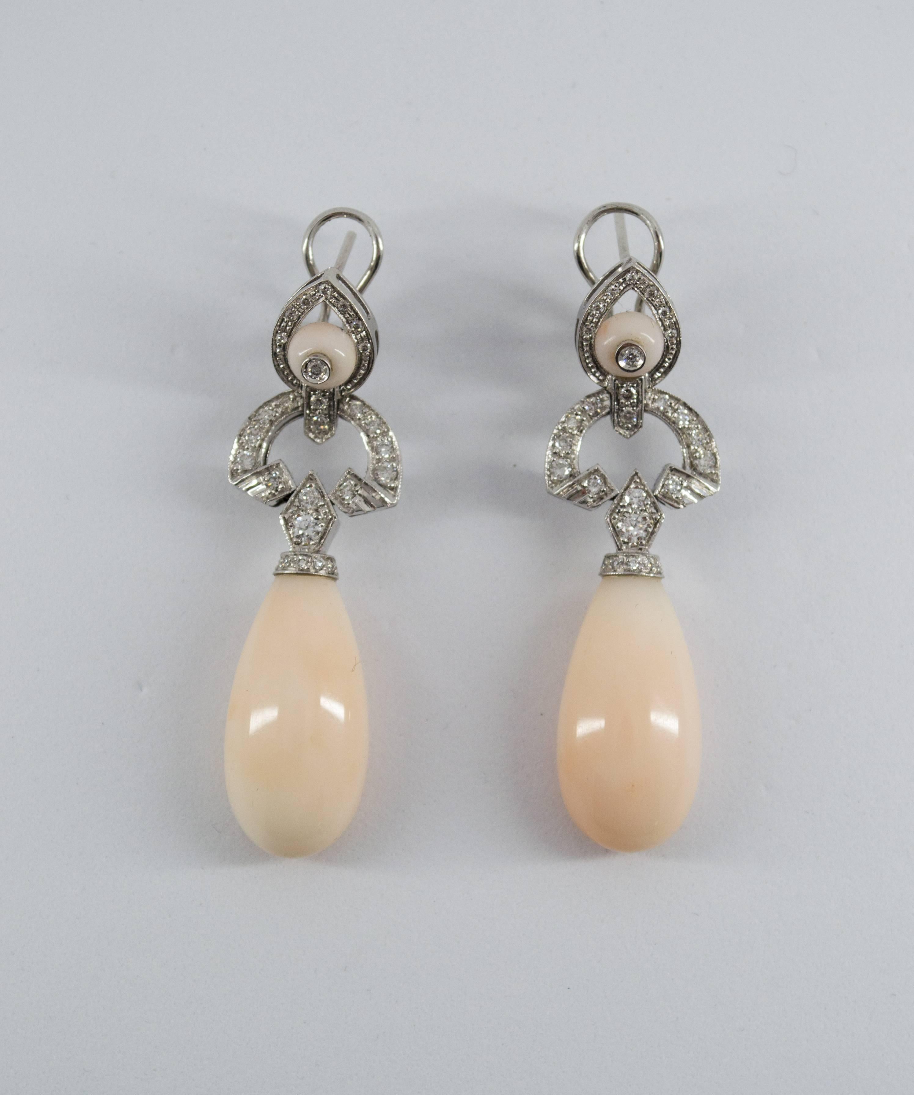 Renaissance Pink Coral 0.90 Carat White Diamond White Gold Drop Clip-On Earrings 4
