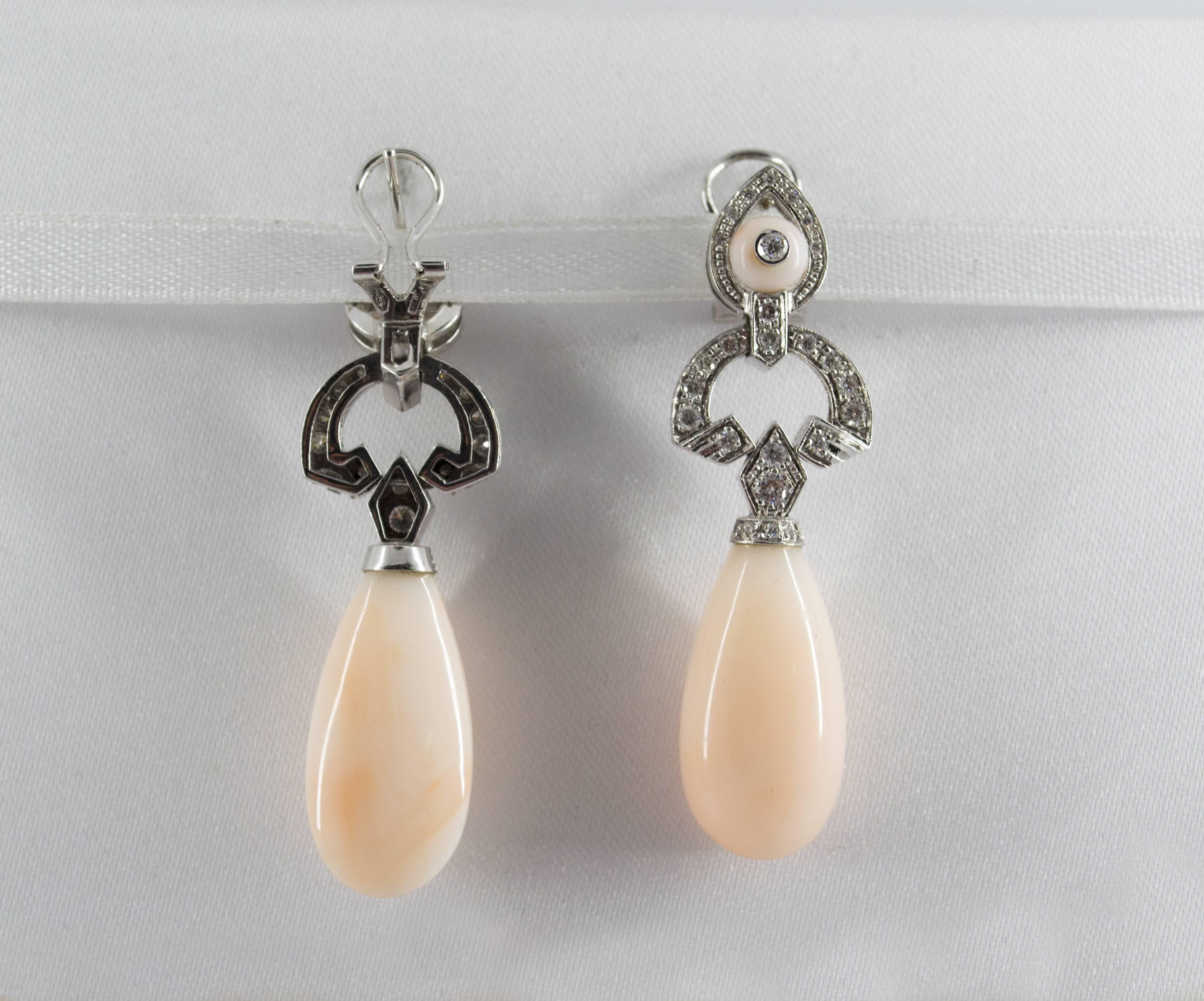 Renaissance Pink Coral 0.90 Carat White Diamond White Gold Drop Clip-On Earrings 5