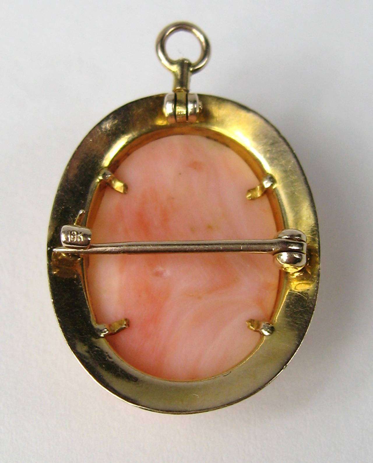 Women's Pink Coral 10 Karat Gold Cameo Pendant Brooch, Antique For Sale
