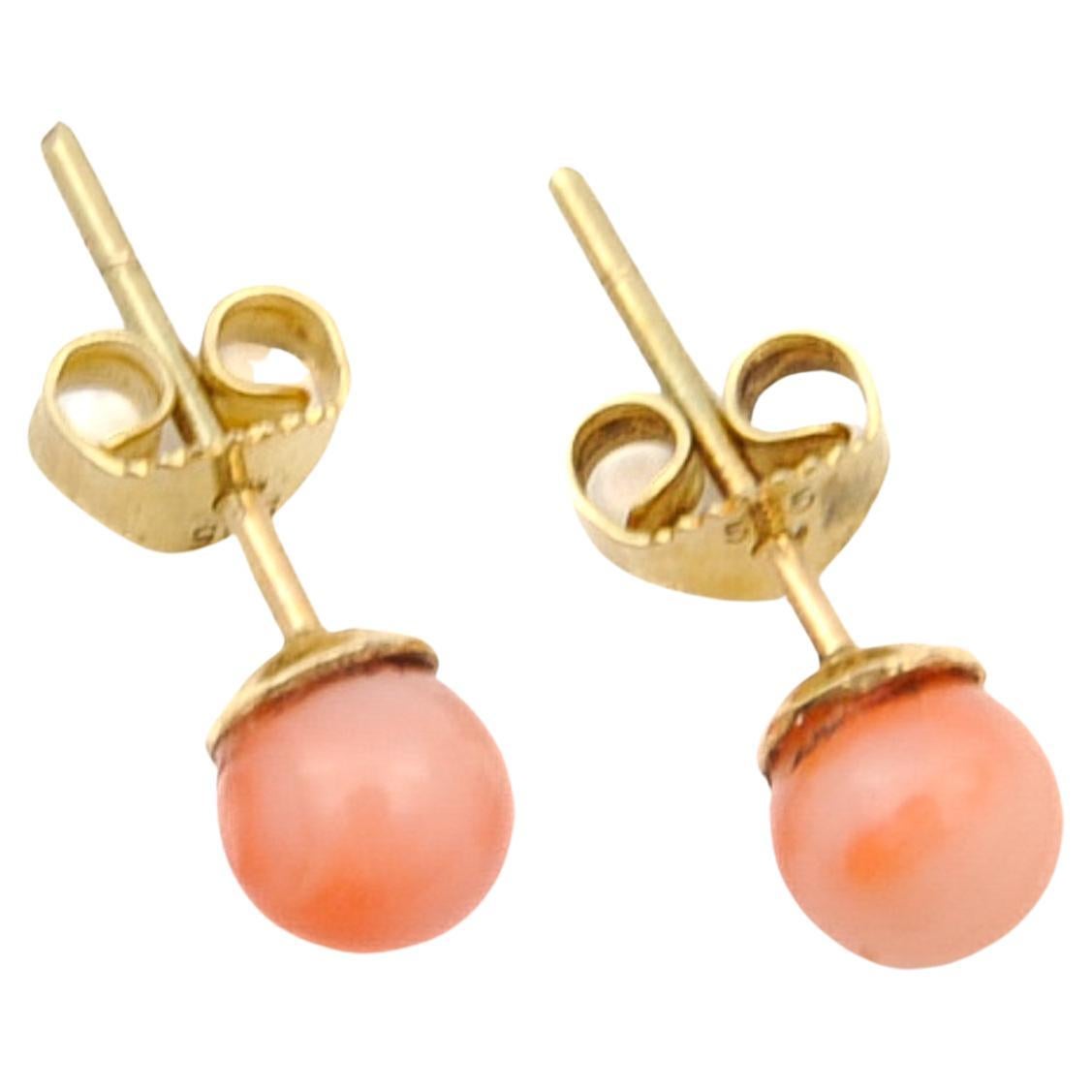 Vintage Pink Coral 14 Karat Gold Stud Earrings For Sale