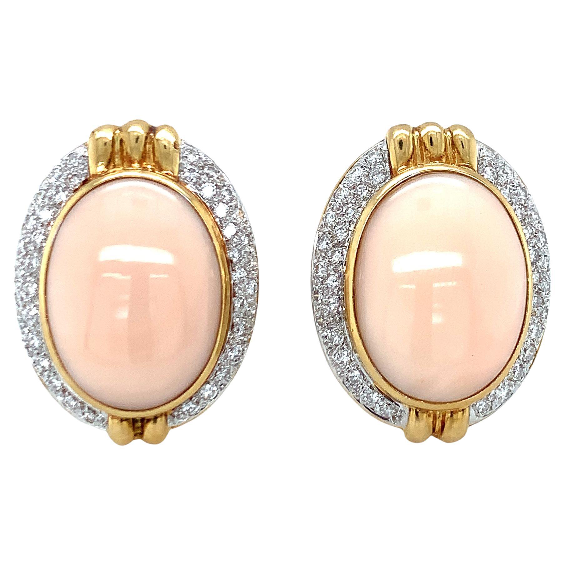 Pink Coral and Diamond 18K Yellow Gold Earrings, circa 1960s