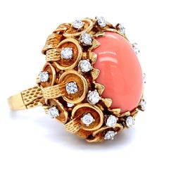 Pink Coral and Diamond 18K Yellow Gold Ring