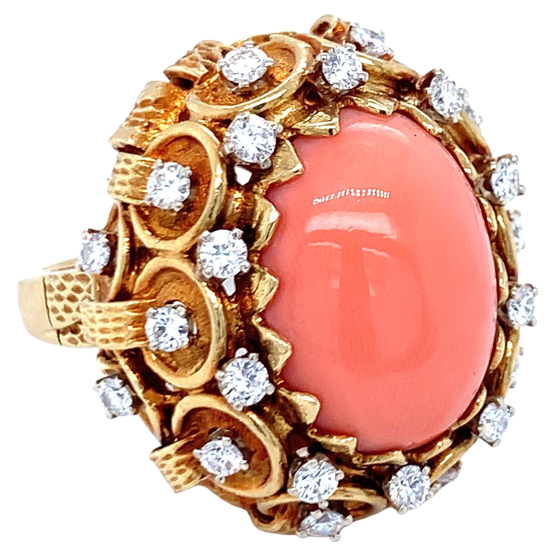 Pink Coral and Diamond 18K Yellow Gold Ring For Sale