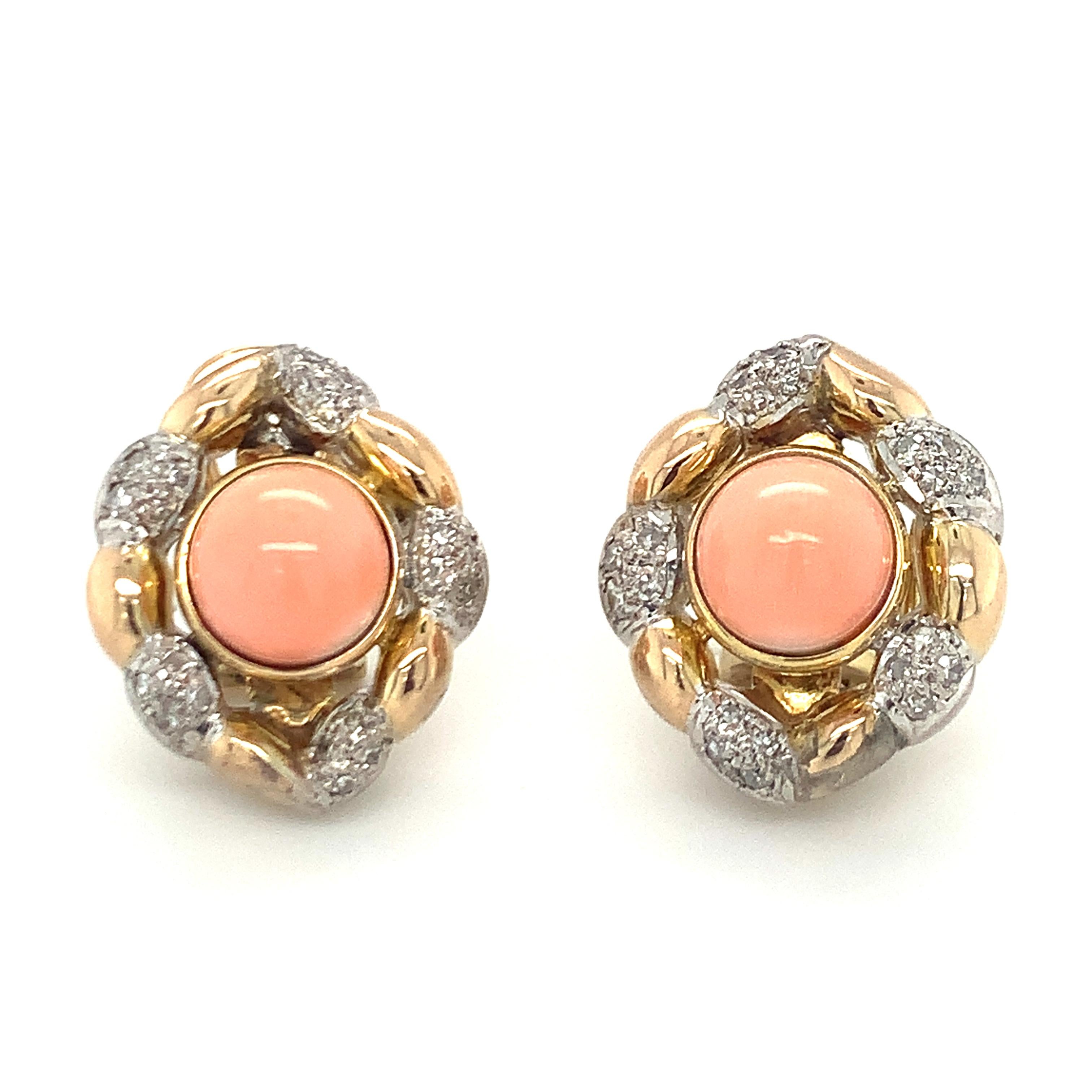Cabochon Pink Coral and Diamond Dangling 14K Gold Earrings For Sale