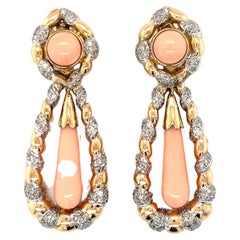 Pink Coral and Diamond Dangling 14K Gold Earrings