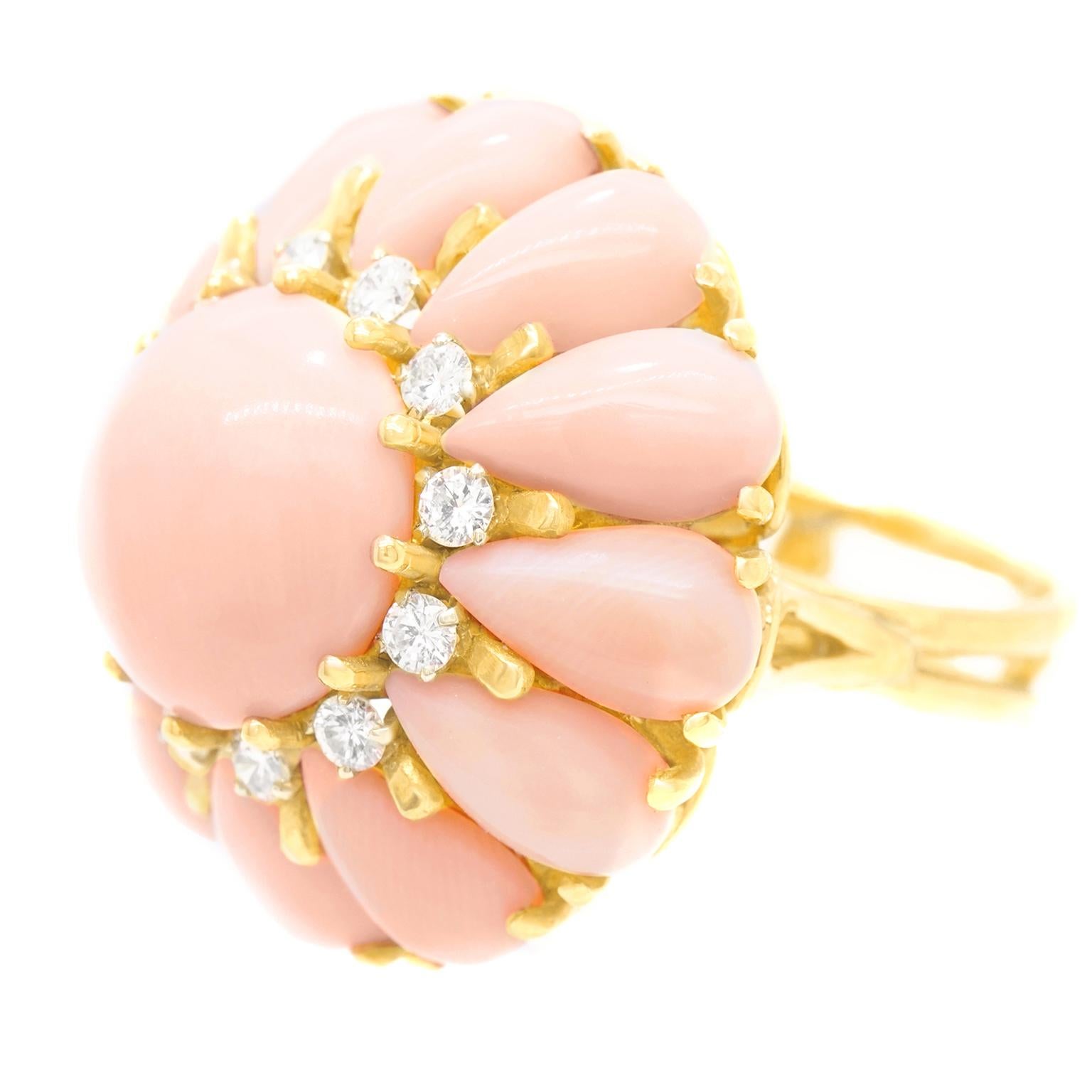 Women's or Men's Pink Coral and Diamond-Set Gold Ring