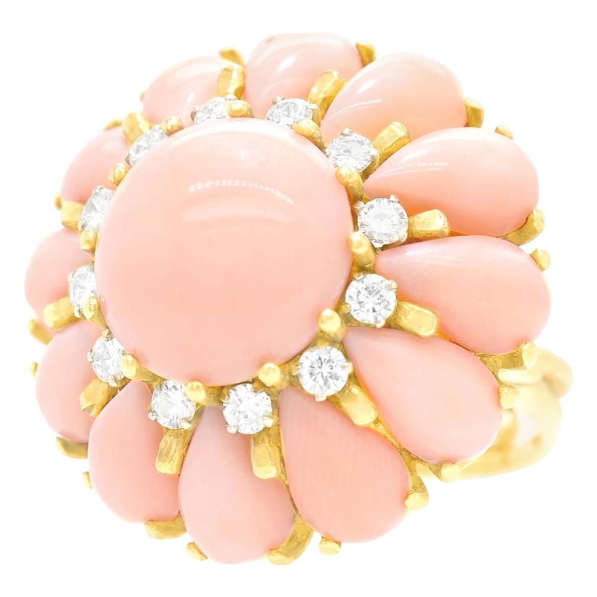 Pink Coral and Diamond-Set Gold Ring