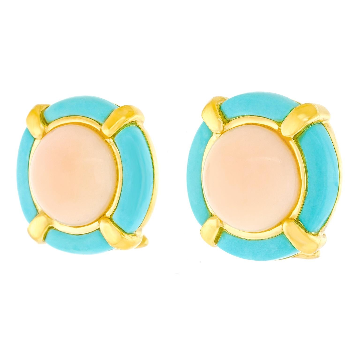 Cabochon Pink Coral and Turquoise Earrings
