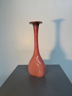 Pink Coral Art Glass Vase with a Long Neck and Flared Rim