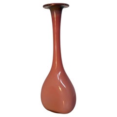 Pink Coral Art Glass Vase with a Long Neck and Flared Rim
