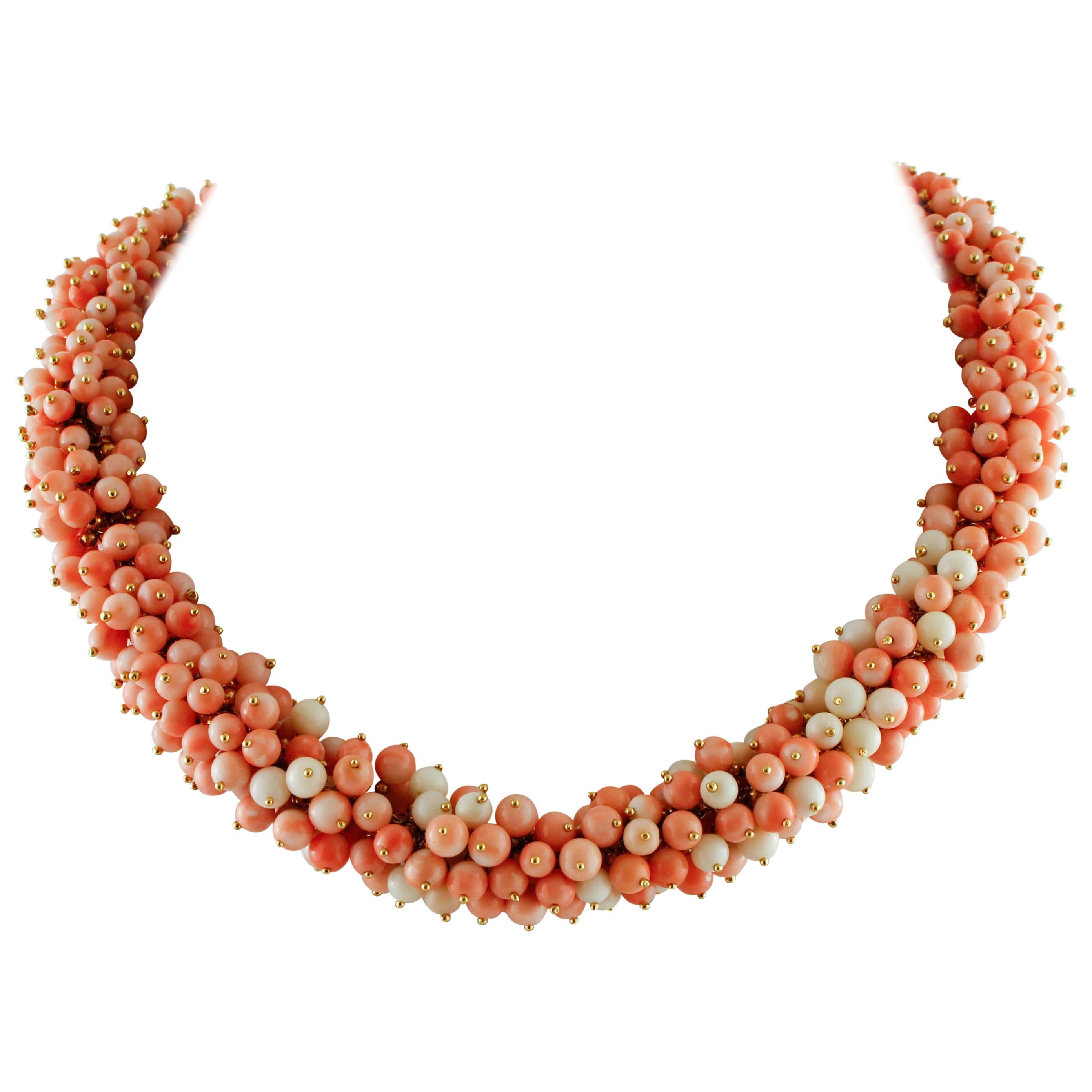 Pink Coral Beaded, 18 Karat Yellow Gold Necklace