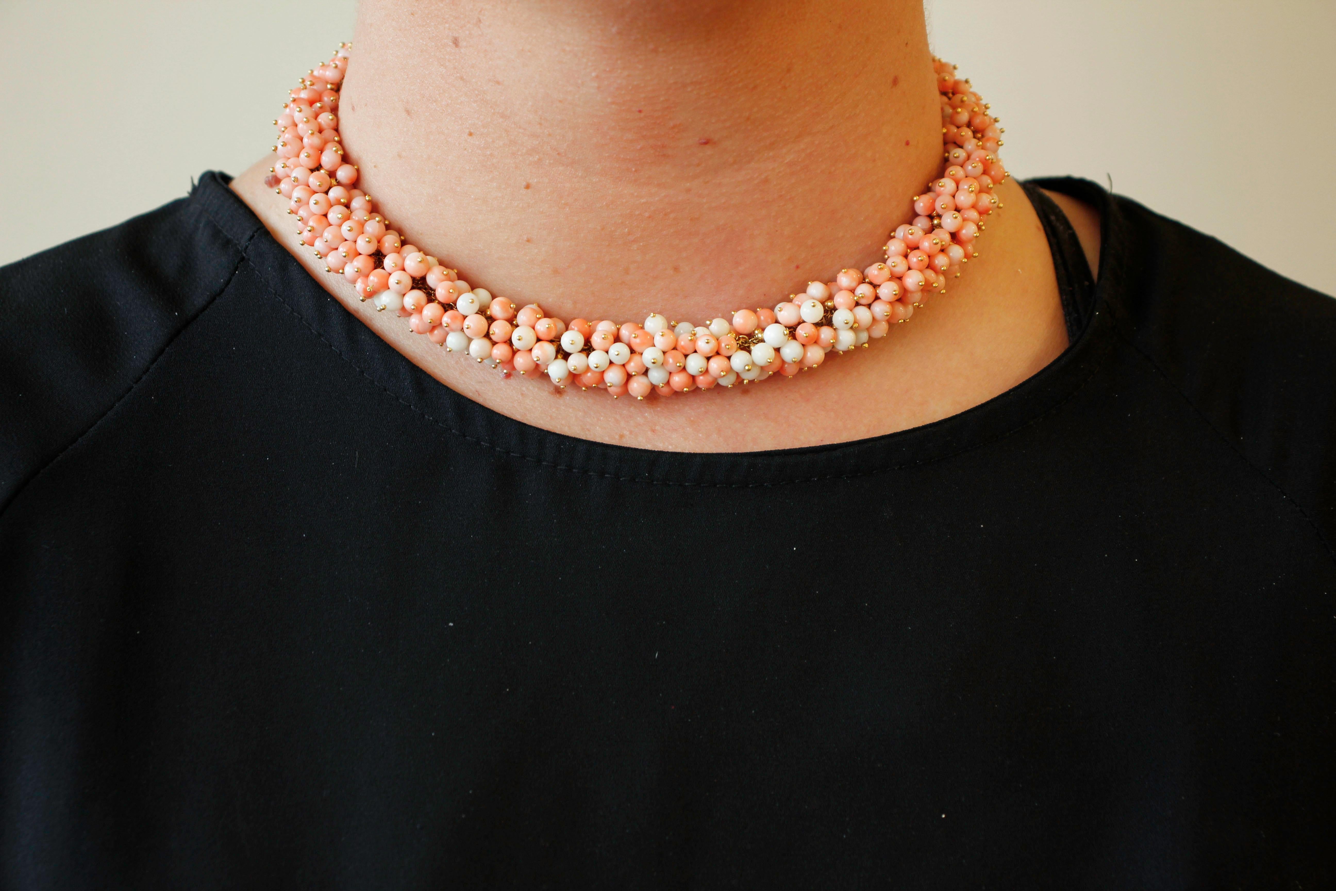 Round Cut Pink Coral Beaded, 18 Karat Yellow Gold Necklace For Sale