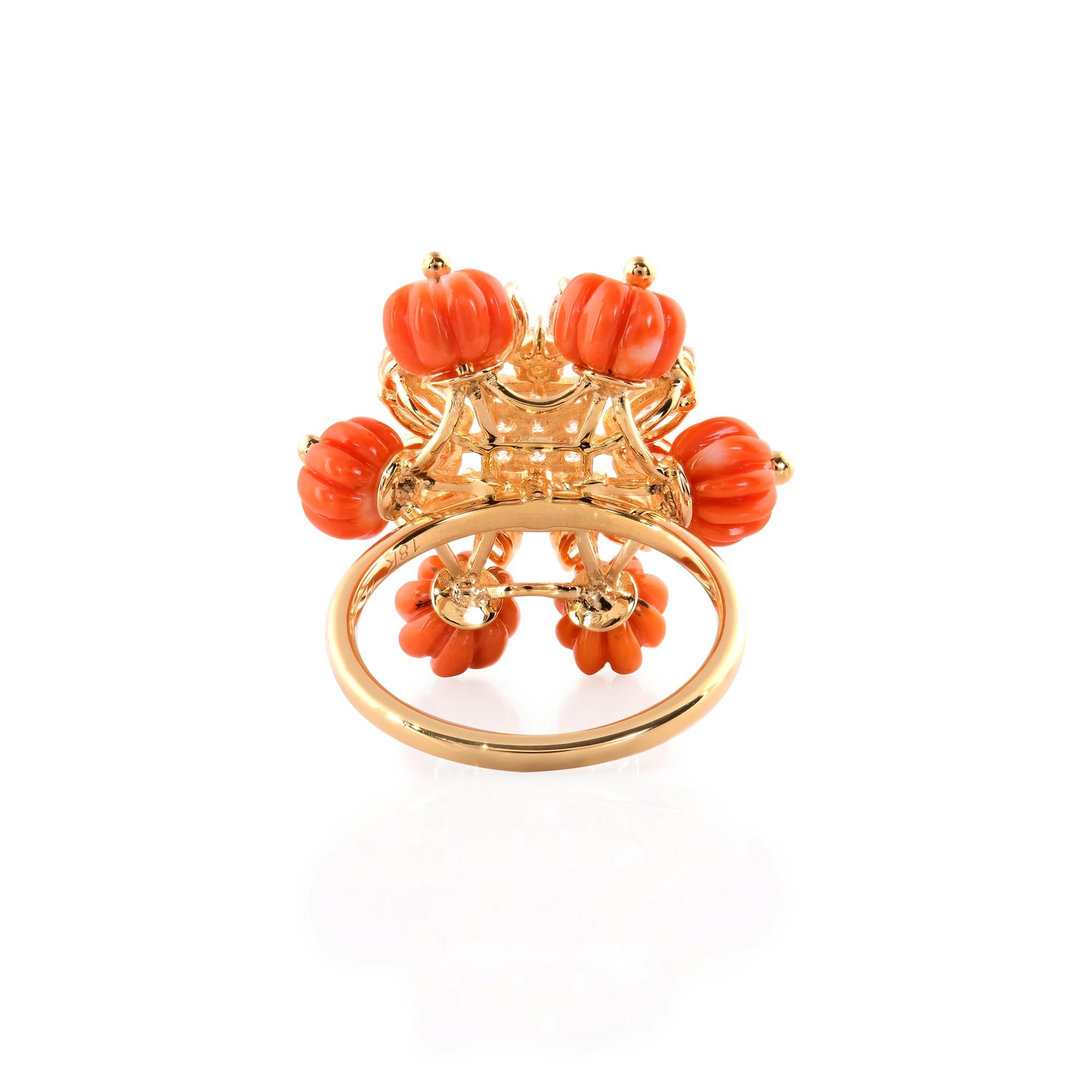 Item Code :- SER-24600
Gross Wt. :- 7.70 gm
18k Solid Yellow Gold Wt. :- 5.85 gm
Natural Diamond Wt. :- 1.56 Ct. ( AVERAGE DIAMOND CLARITY SI1-SI2 & COLOR H-I )
Coral Beads Wt. :- 7.70 Ct.
Ring Size :- 7 US & All size available

✦