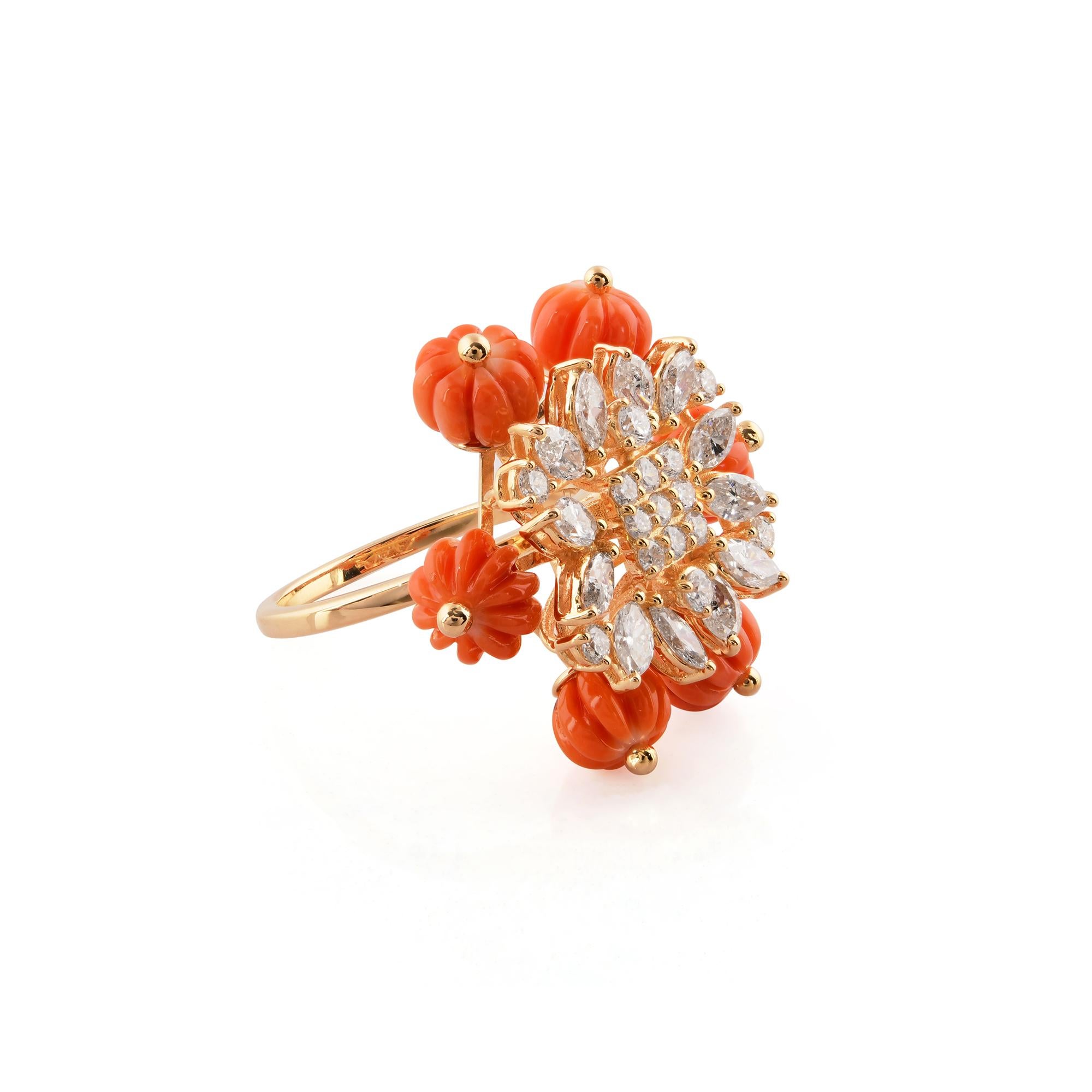 Bague en or jaune 18 carats, perles de corail rose, couleur H, pureté SI Pour femmes en vente