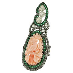 Pink Coral Bird Ring With Emeralds and Diamonds 16.71 Carats