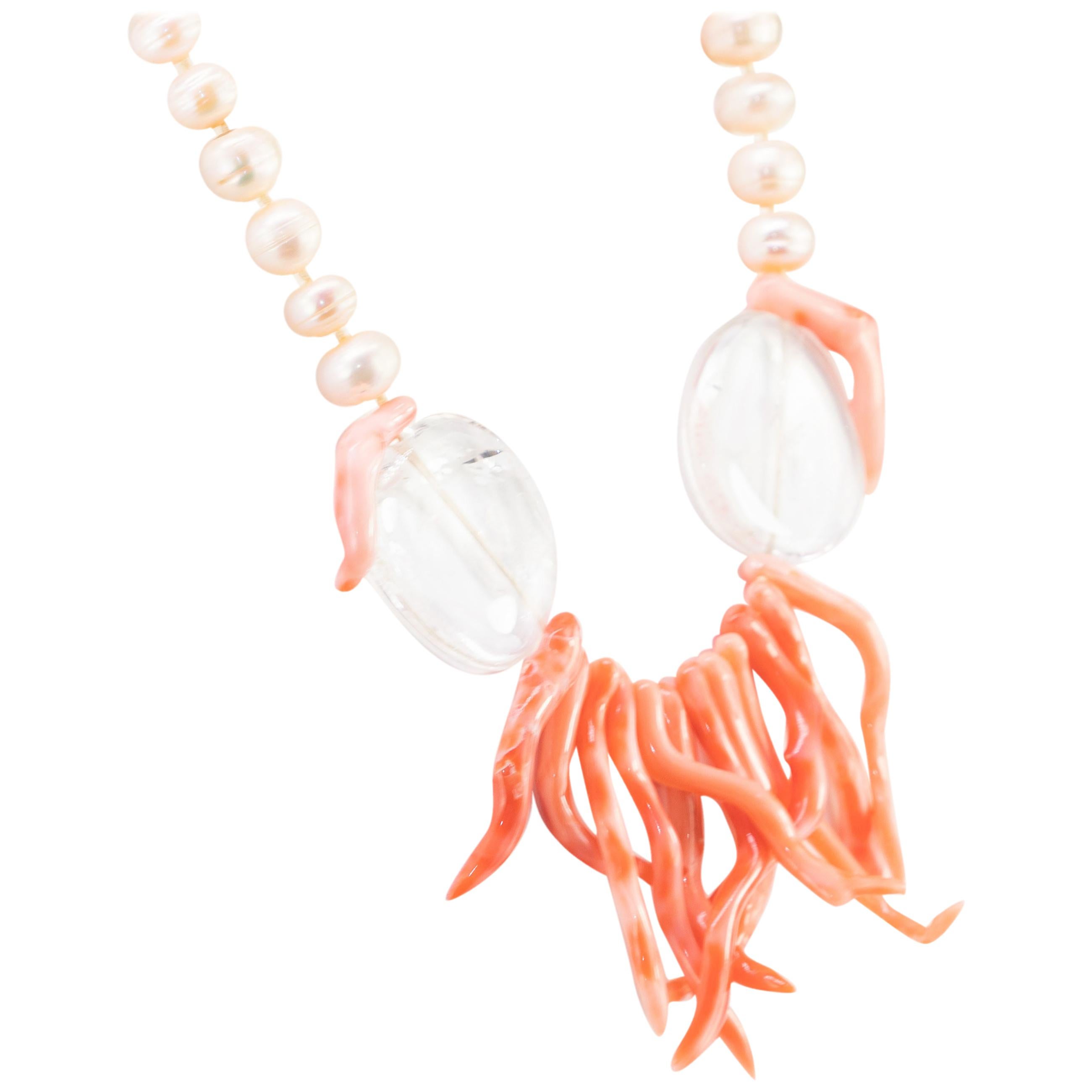 Pink Coral Branches Freshwater Pearl Crystal Rock 925 Silver Craft Reaf Necklace