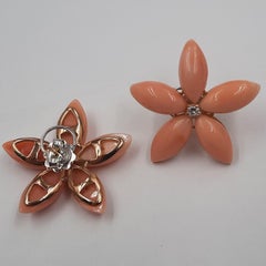 Pink Coral Brilliant Cut Diamond 18 Carats Yellow Gold Flower Earrings