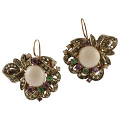 emerald and amethyst earrings Pink Coral Buttons, Diamonds, Emeralds, Amethysts, 9K Rose Gold Silver Earrings