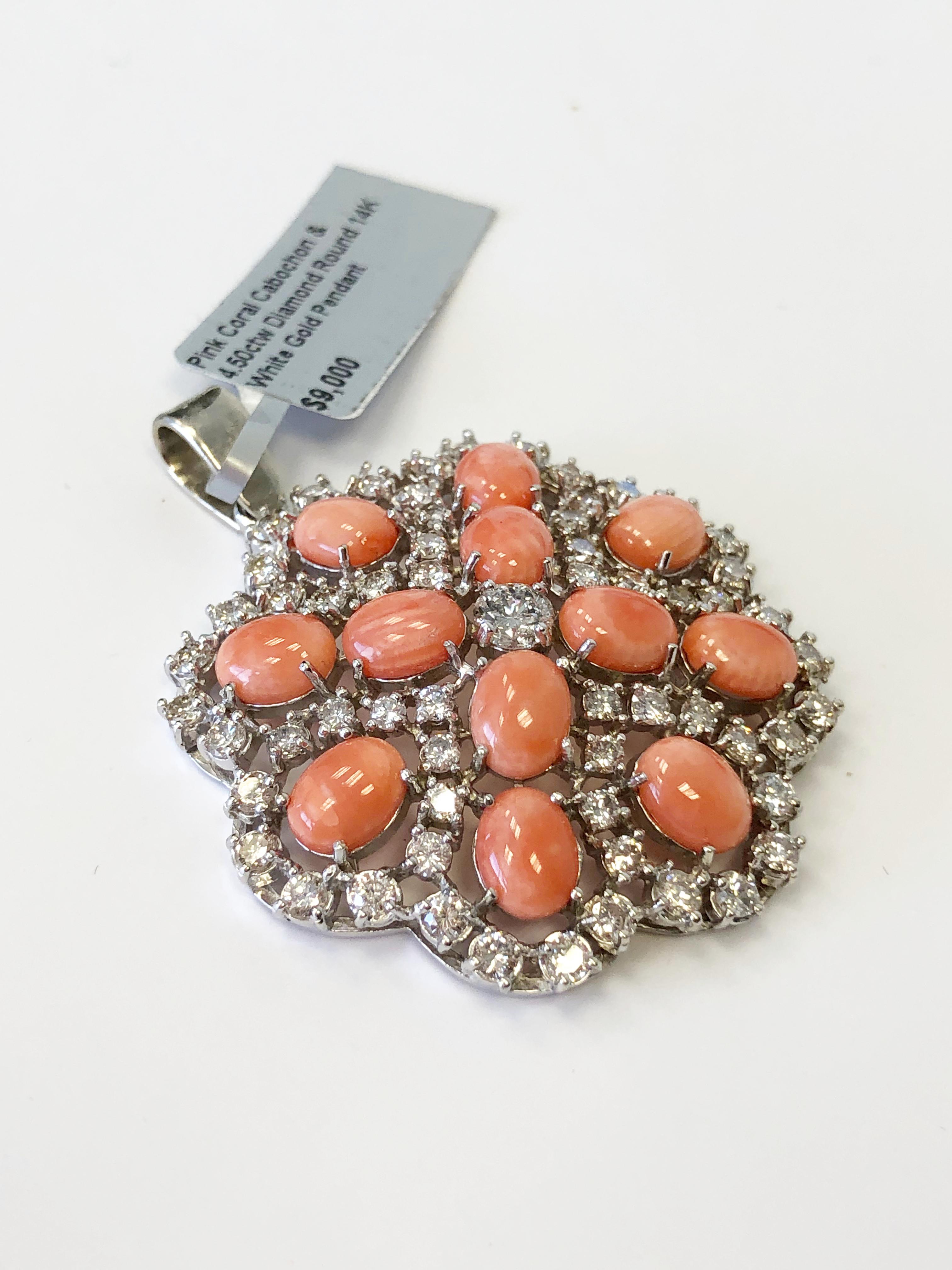 Oval Cut Pink Coral Cabochon and White Diamond Pendant in 14 Karat White Gold