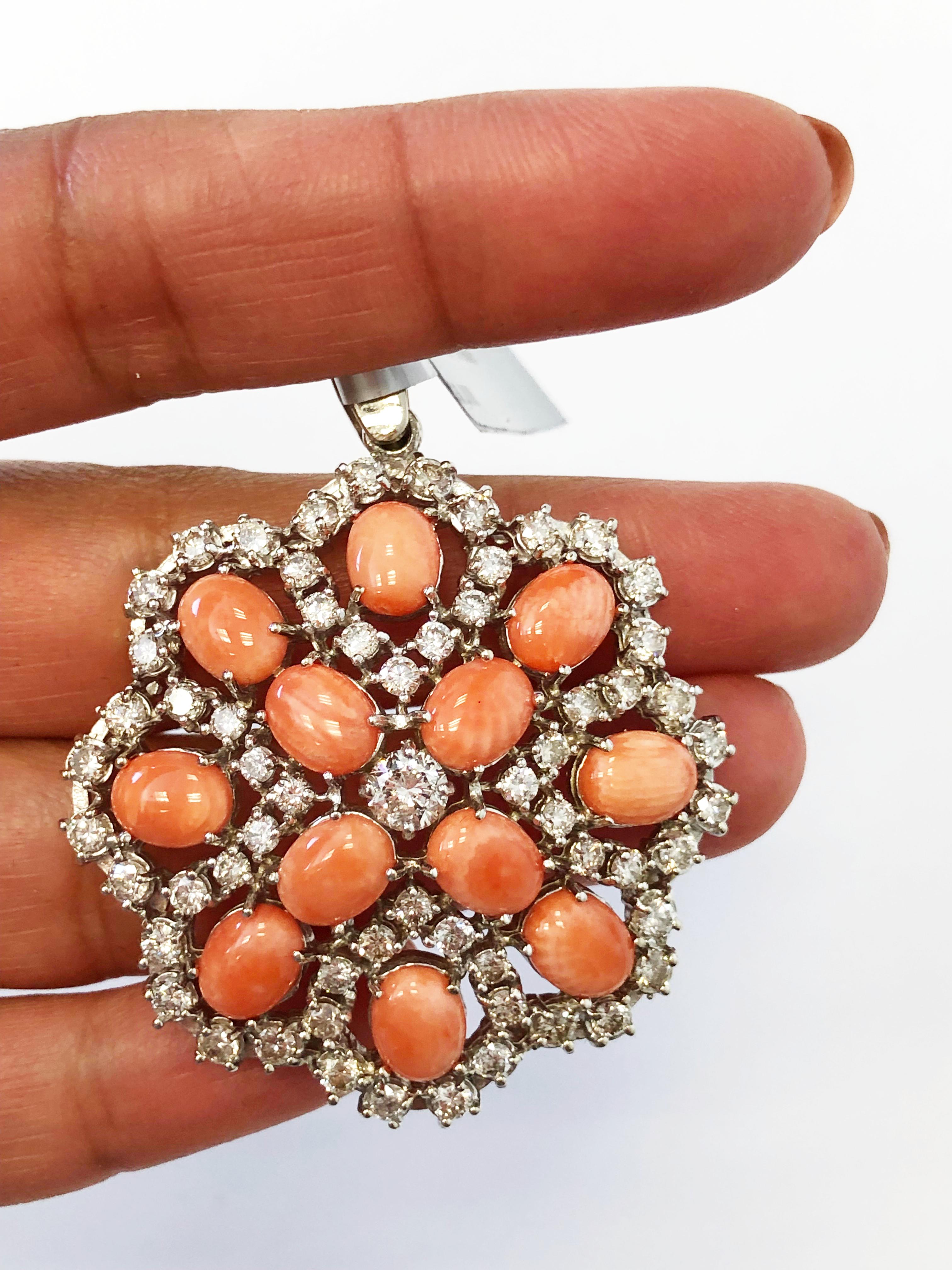 Pink Coral Cabochon and White Diamond Pendant in 14 Karat White Gold In New Condition In Los Angeles, CA